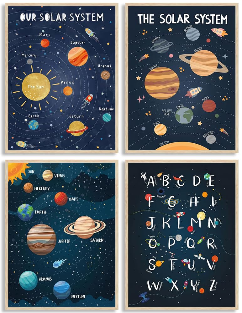 4Pcs Space Nursery Canvas Wall Art, Preschool Education Painting Picture Wall Decor, Solar System Poster Print Artworks for Classrooms, Nurseries, Children's Rooms, Playrooms, Home Decoration 8x10in