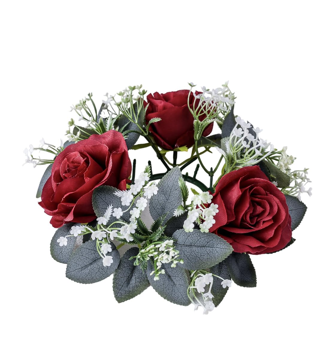 2 Pcs Artificial Rose Candle Rings Holder,Christmas Floral Wreaths with Eucalyptus Leaves Greenery Candle Rings for Pillar Candle Lantern Wedding Centerpiece Party Home Table Decor (Red)