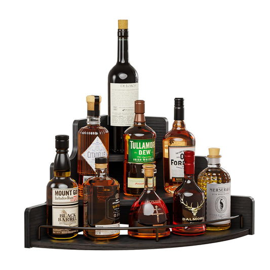 KLM Liquor Bottle Display Corner Shelf, Coffee Syrup Rack Organizer, 3 Step Countertop Liquor Wine Rack, mini bar, Liquor Cabinet, Home Retro Bar Shelf Stand for Liquor Whiskey. (Black)