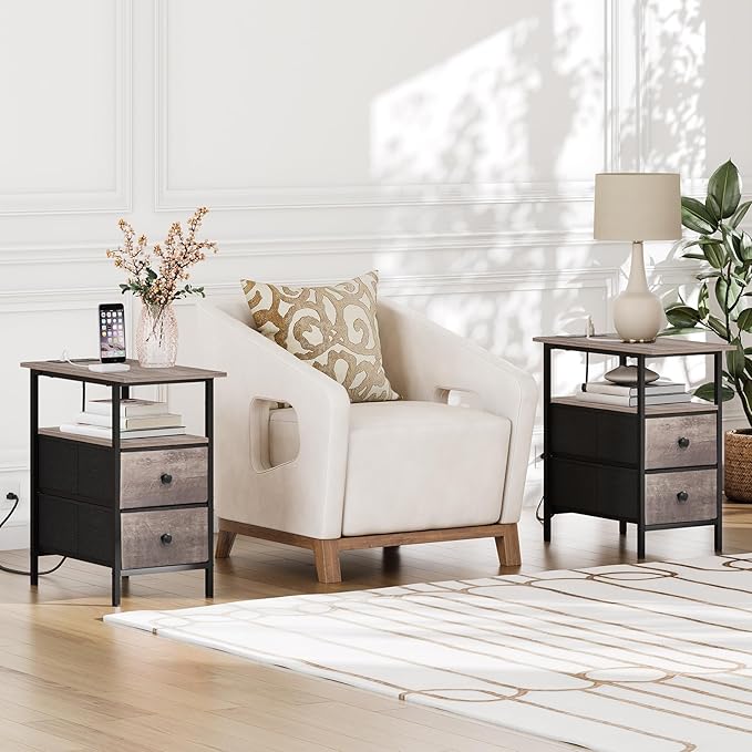 HOOBRO End Table with Charging Station, Narrow Side Table, Nightstand with 2