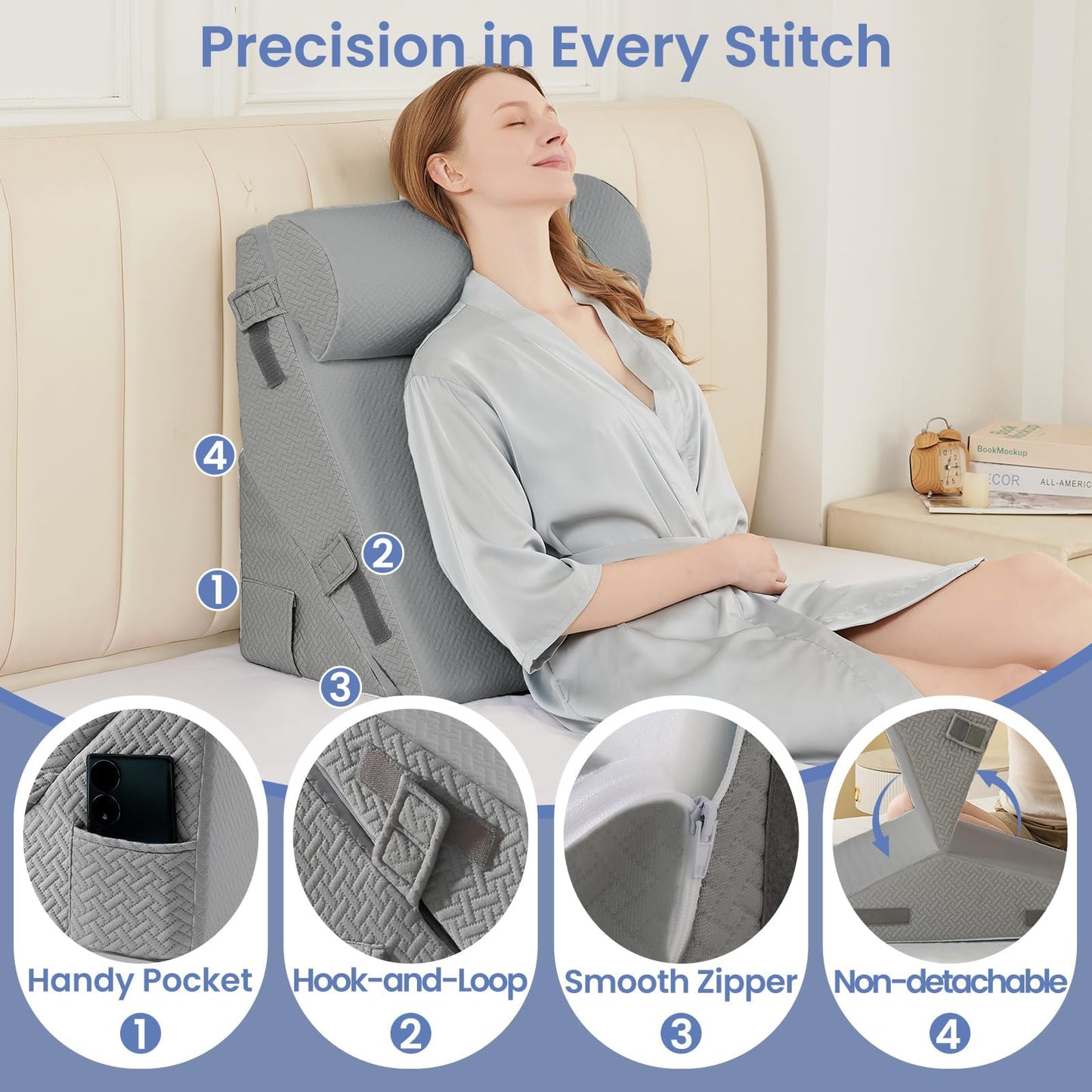 Sasttie Wedge Pillow Set for After Surgery, 2PCS Adjustable Bed Wedge Pillow Headboard with Memory Foam Neck Cushion – for Acid Reflux, Sleeping, Neck & Back Support, Dark Grey