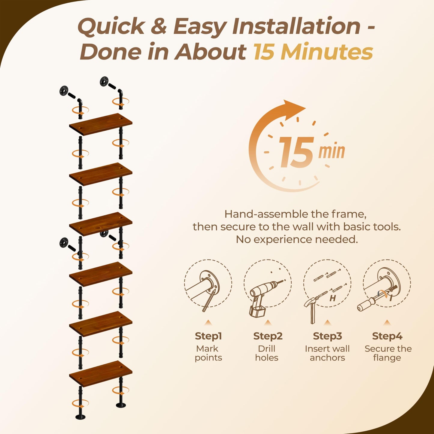 Anynice Industrial Ladder Pipe Shelves, Wall Mounted Rustic Bookshelf, Retro Metal Wood Bookcases (Walnut, 6 Tier - 10" D x 24" W x 82.5" H)