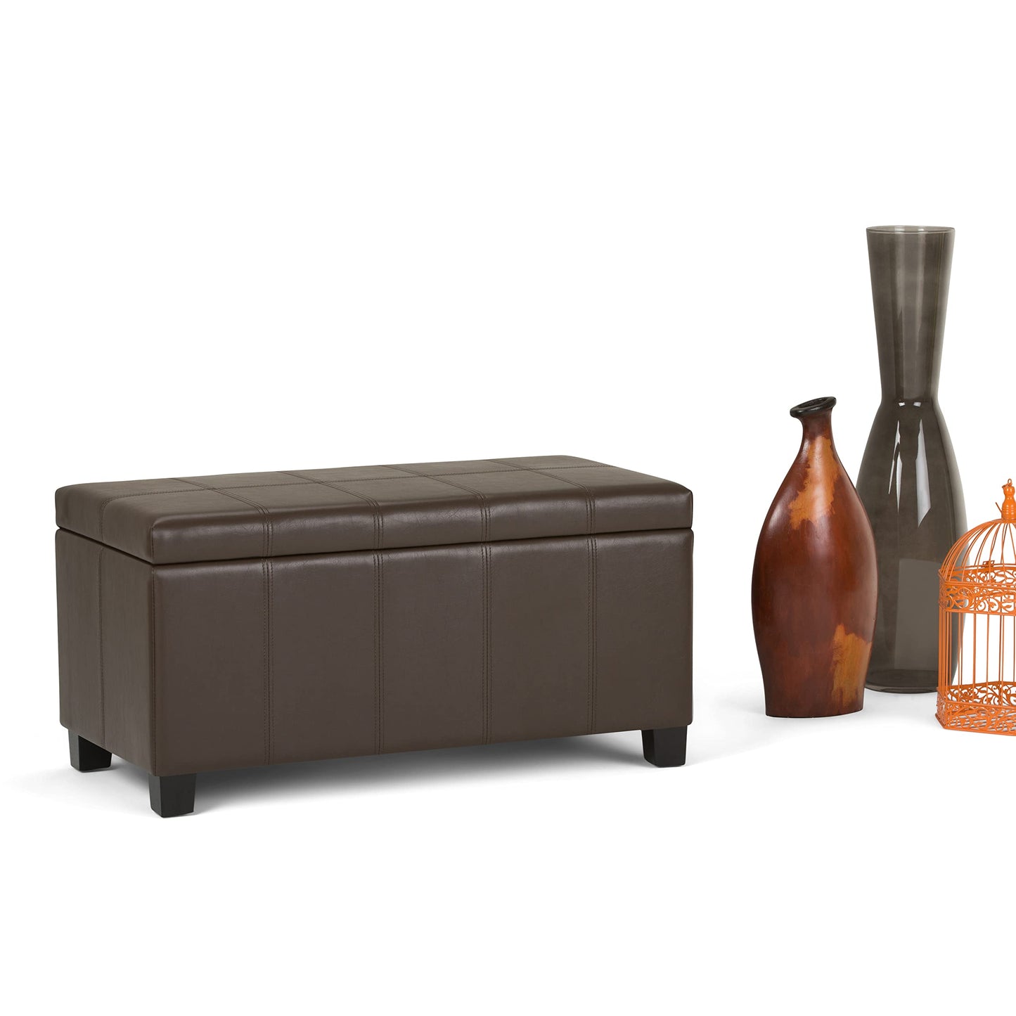SIMPLIHOME Dover Storage Ottoman Bench - 36 inch Wide Upholstered Vegan Leather Rectangular Lift-Top Ottoman in Chocolate Brown, Contemporary Bench for Living Room with Safety Hinges