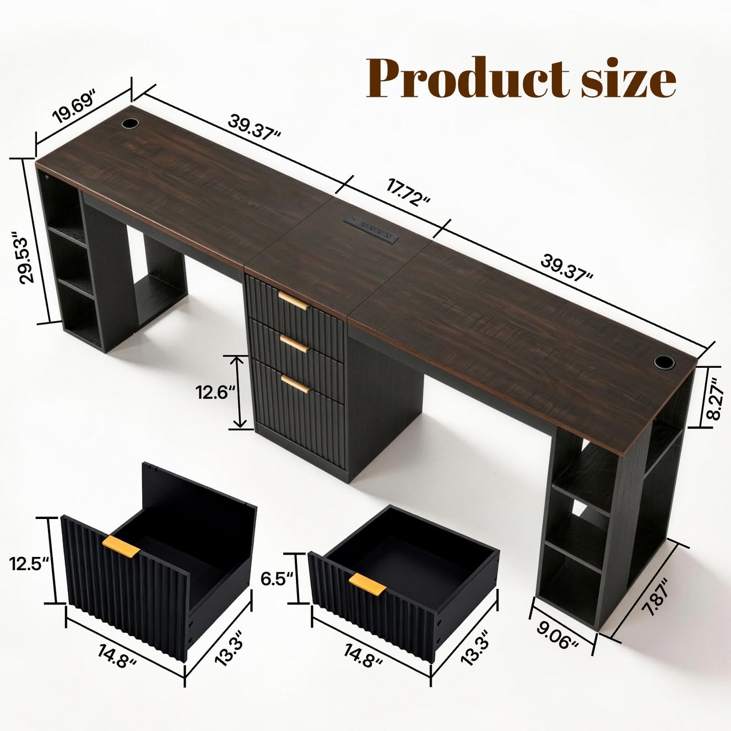 NORTHSKY 96.5" 2 Person Desk with Power Outlet & USB Ports, Double Computer Desk with Drawers & Storage Shelves, Modern Fluted Gaming Desk for Home Office, Black