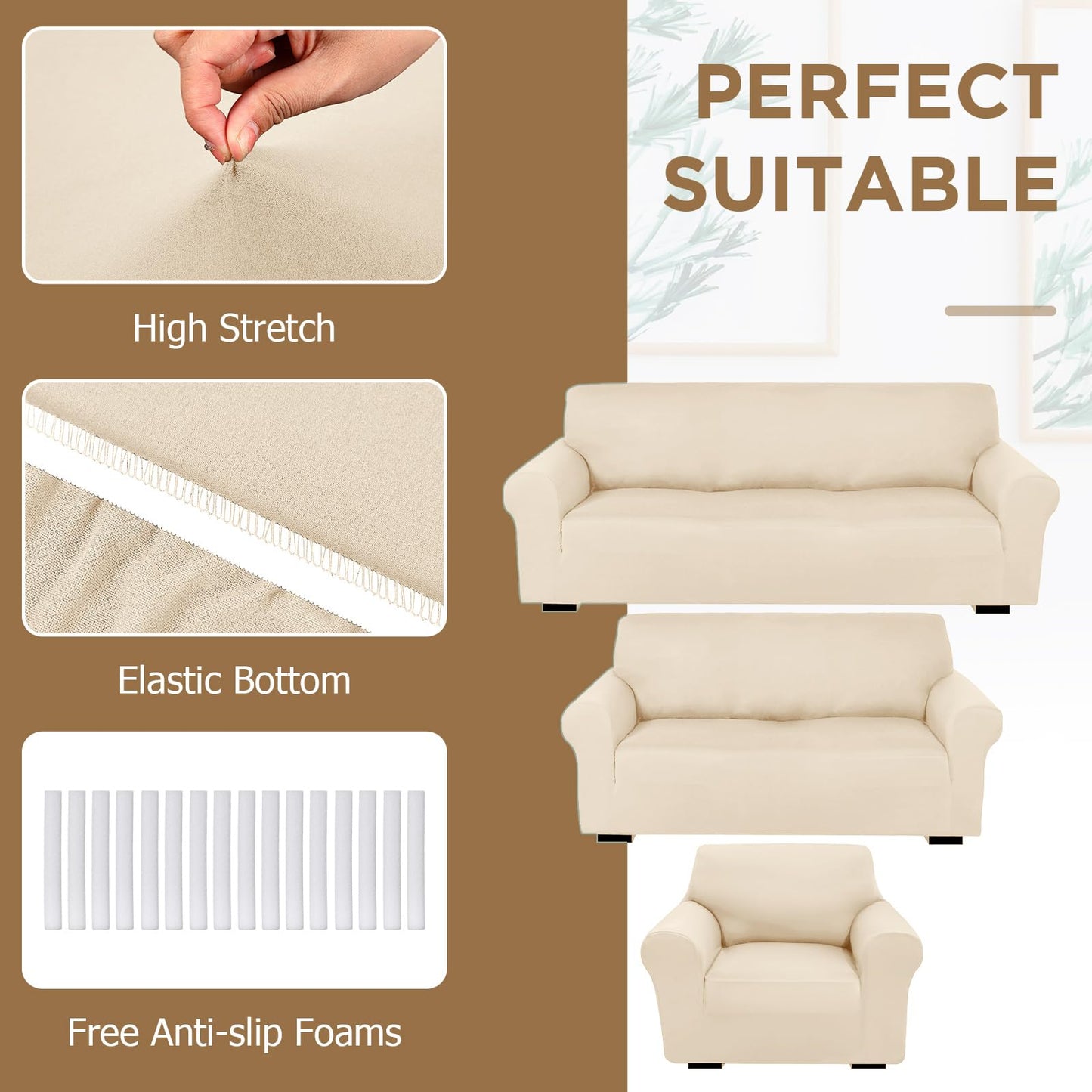 Peryiter 3 Pcs Couch and Loveseat Covers Set Sofa Cover for Couch Sofa Slipcover for Living Room Arm Chair Furniture Protector(Cream,Milk Silk Spandex)