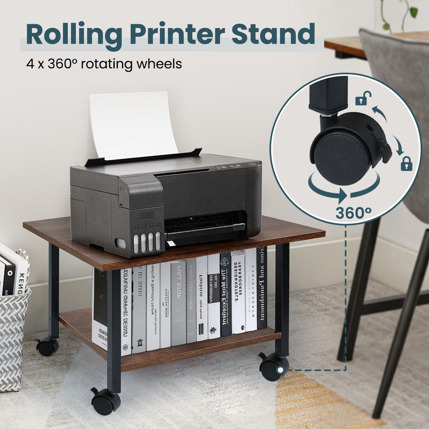 SwaaVee Printer Stand, 2-Tier Under Desk Printer Stand, Printer Cart with Wheels for Home, Office, Heavy-Duty Storage Shelf, Rustic Brown