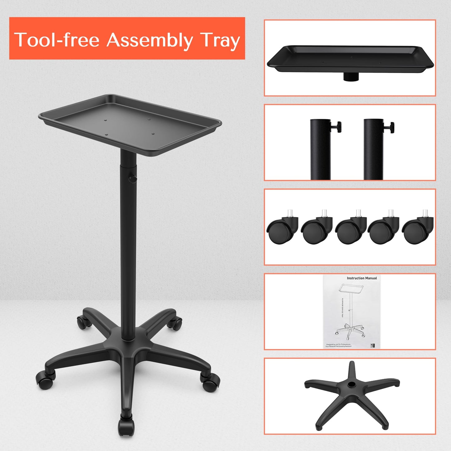 TASALON Black Aluminum Salon Tray on Wheels, 2pcs Adjustable Instrument Tattoo Tray Cart with Wheels, Rolling Tray for Hairstylist, Spa, Medical