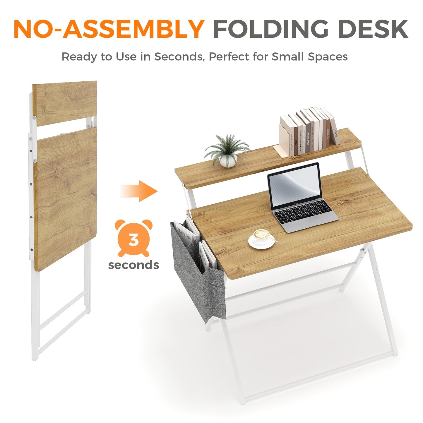 Small Desk No Assembly,31.5Inch 2-Tier Compact Computer Desk with Shelf & Side Pocket,Space Saving Foldable Table for Home Office, Bedroom or Apartment,Portable Collapsible Sturdy Laptop Desk,Oak