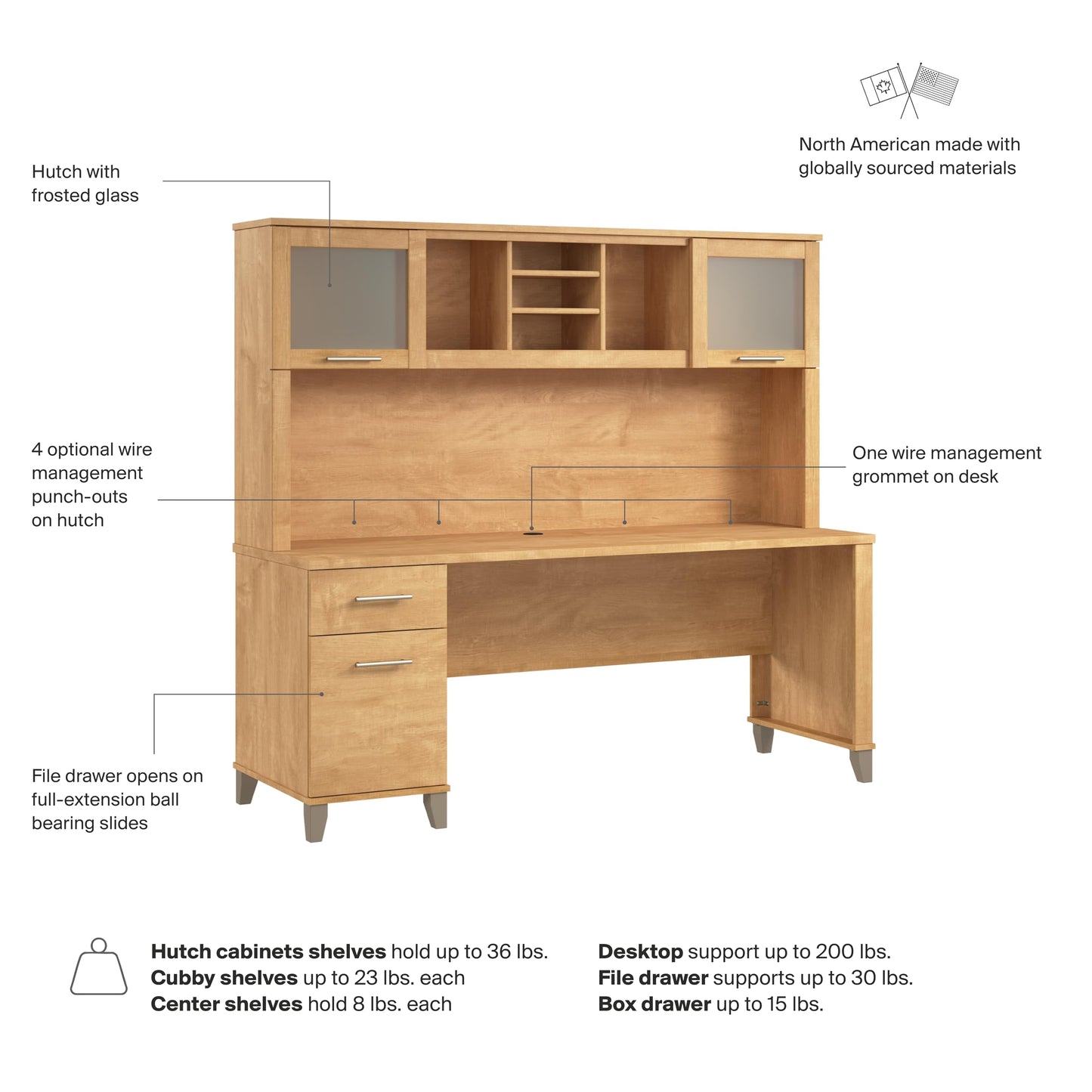 Bush Furniture Somerset 72W Office Desk with Drawers and Hutch in Maple Cross