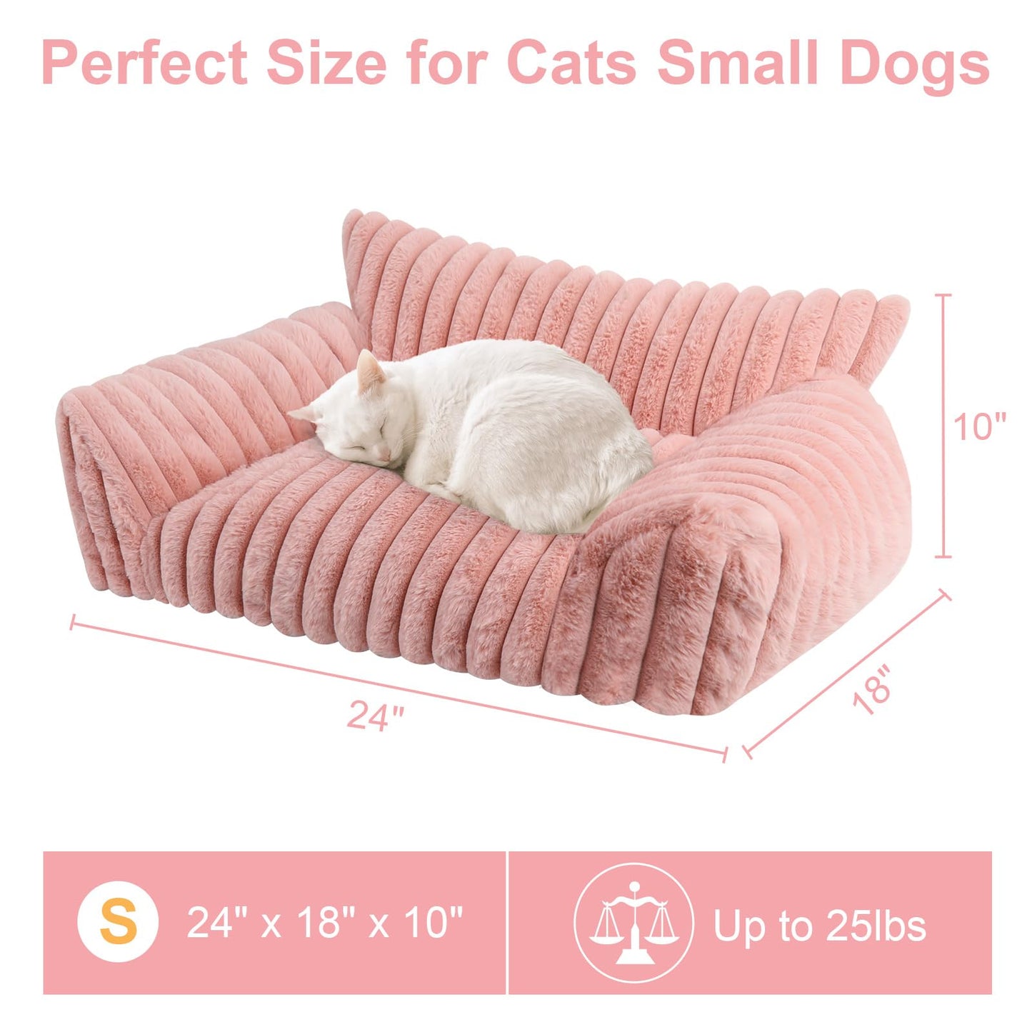Cute Cat Couch Bed for Indoor Cats, Fluffy Pet Cat Sofa with Premium Soft Corduroy Fleece, Cute Small Dog Beds for Small Dogs, Fuzzy Puppy Chair with Removable Washable Cover (24x18x10,Pink)