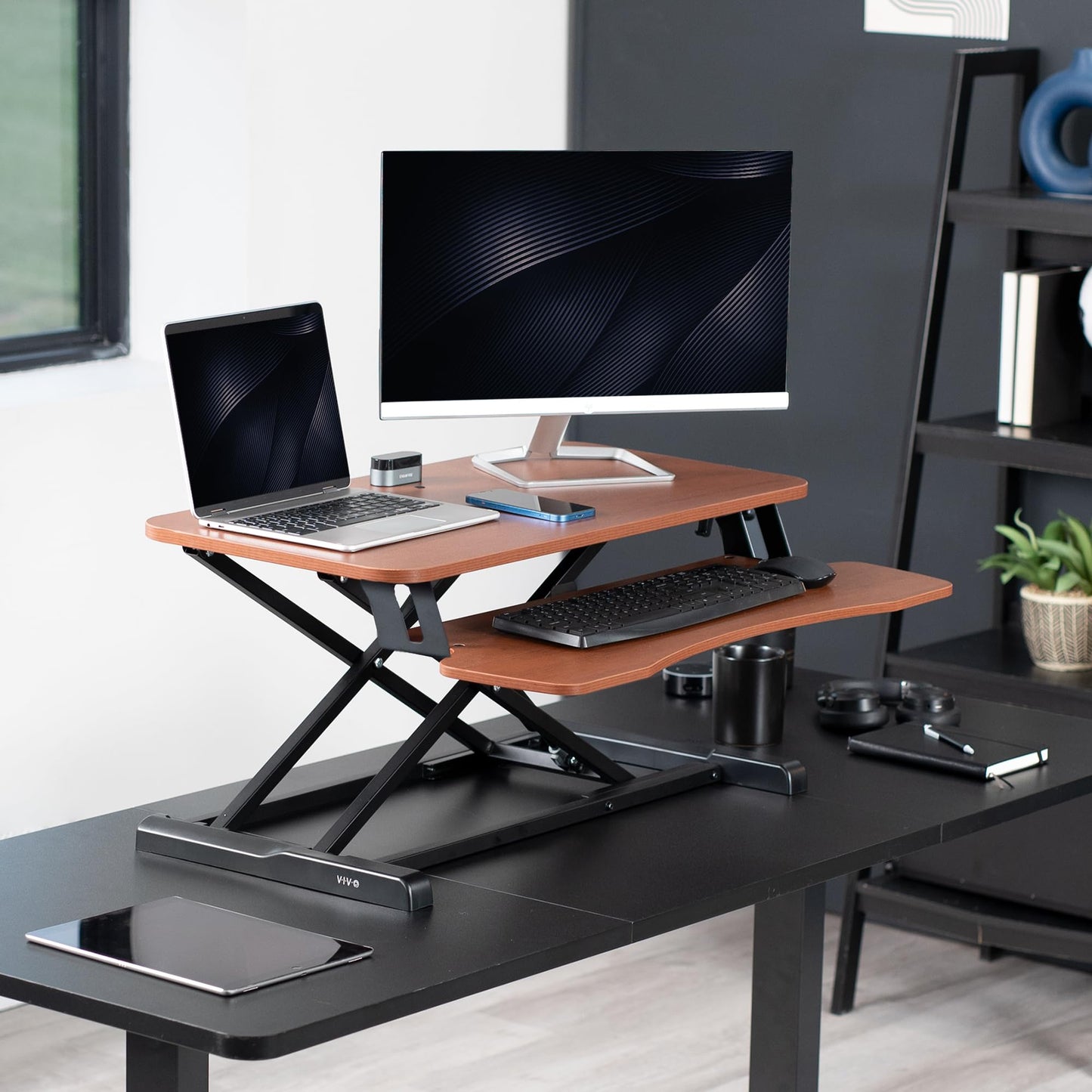 VIVO 32 inch Desk Converter, K Series, Height Adjustable Sit to Stand Riser, Dual Monitor and Laptop Workstation with Wide Keyboard Tray, Dark Walnut Top, Black Frame, DESK-V000KA