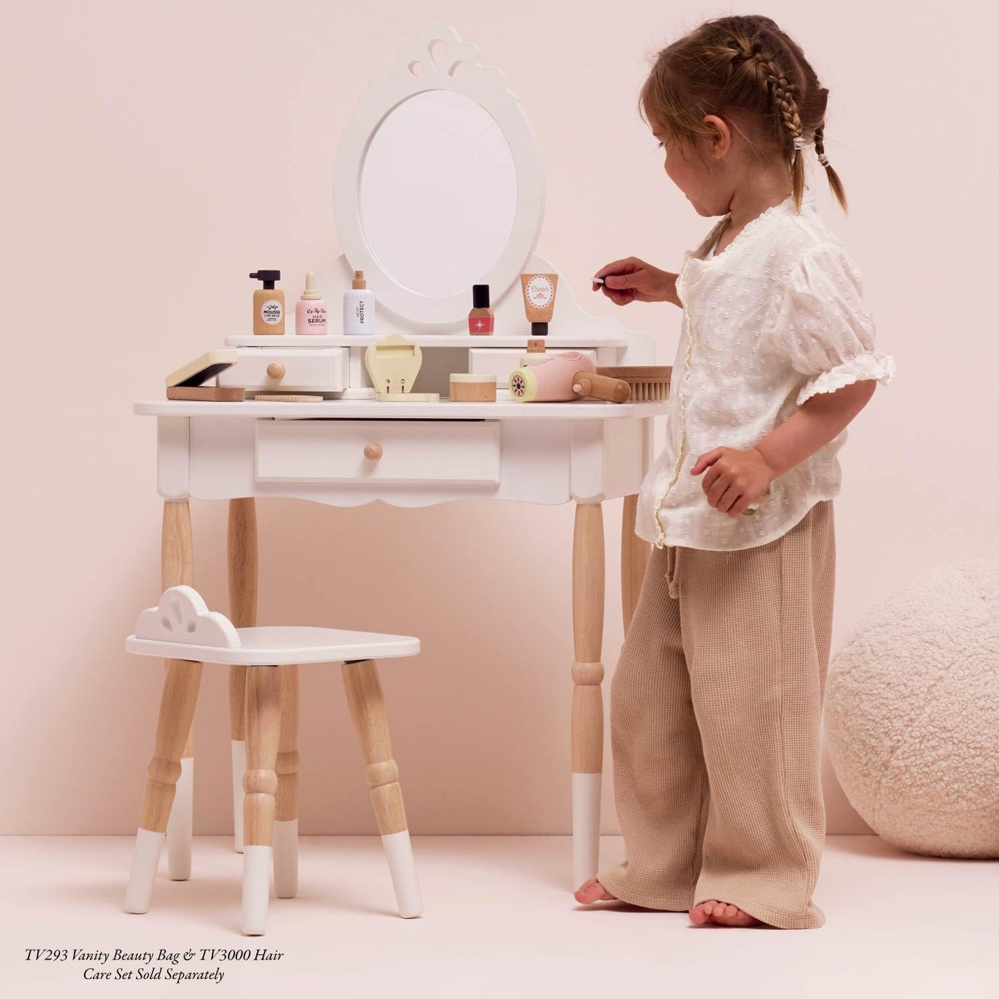 Le Toy Van - Wooden Vanity Table with Mirror and Chair - Bedroom Furniture - Victorian Style Oval Dressing Table - Desk with Drawers and Stool - Kids 3+