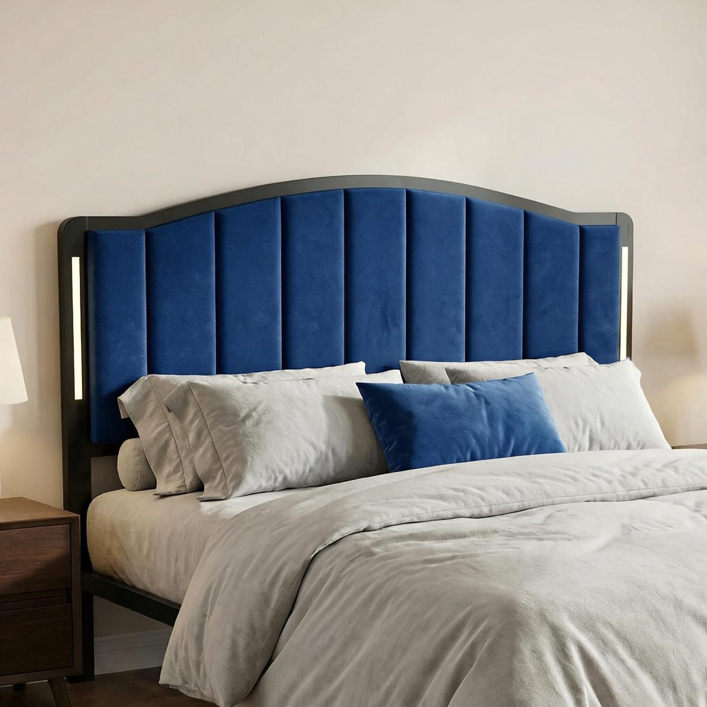Salamir Headboard for Queen Size Bed with LED Lights, Upholstered Vertical Channel Tufting Head Boards, Velvet Headboard Only, Attach Frame, Ideal for Bedroom, Dorm, Guest Room, Blue