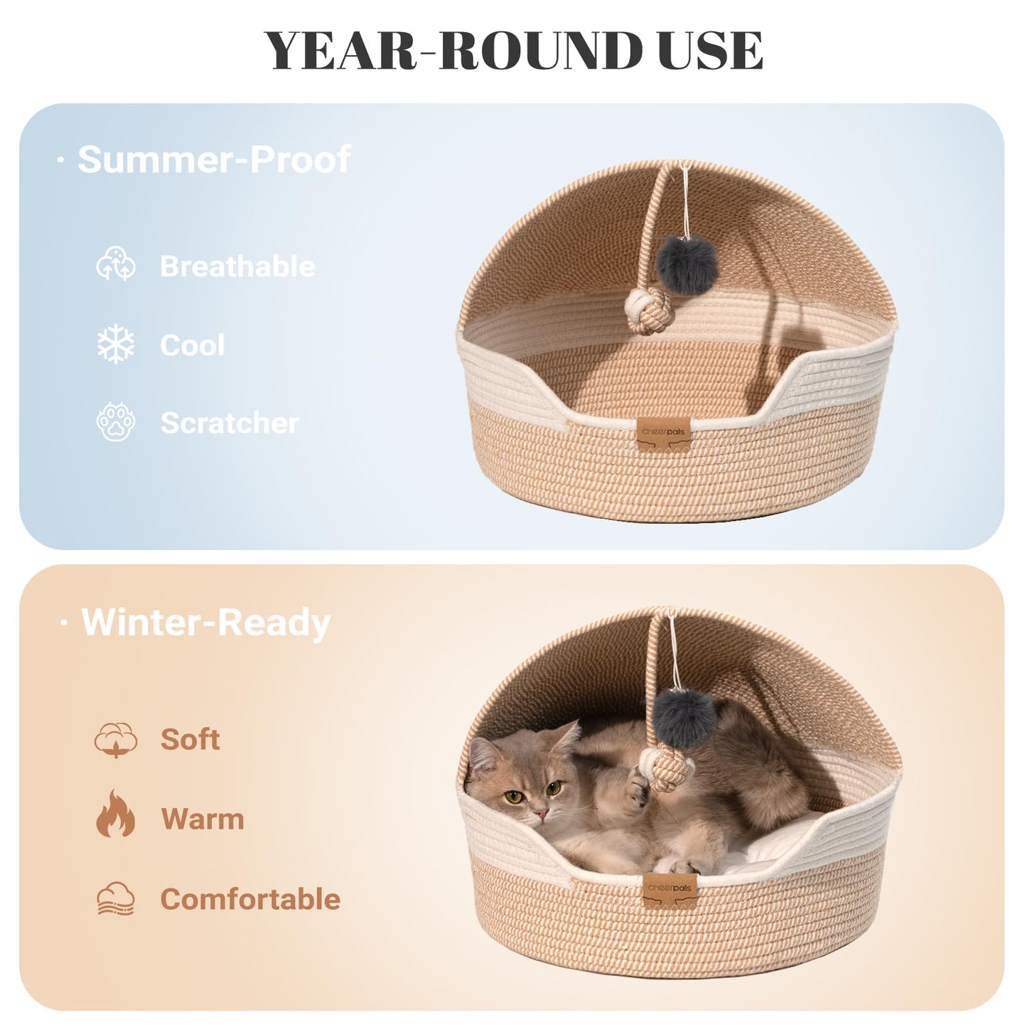 CHEERPALS Cat Basket Bed with Washable Cushion and Ball Rope Cotton, Covered Pet Bed for Indoor Cats Cave Bed Hooded, Stimulicat Cat Bed Handwoven Breathable, All Season Universal(White)