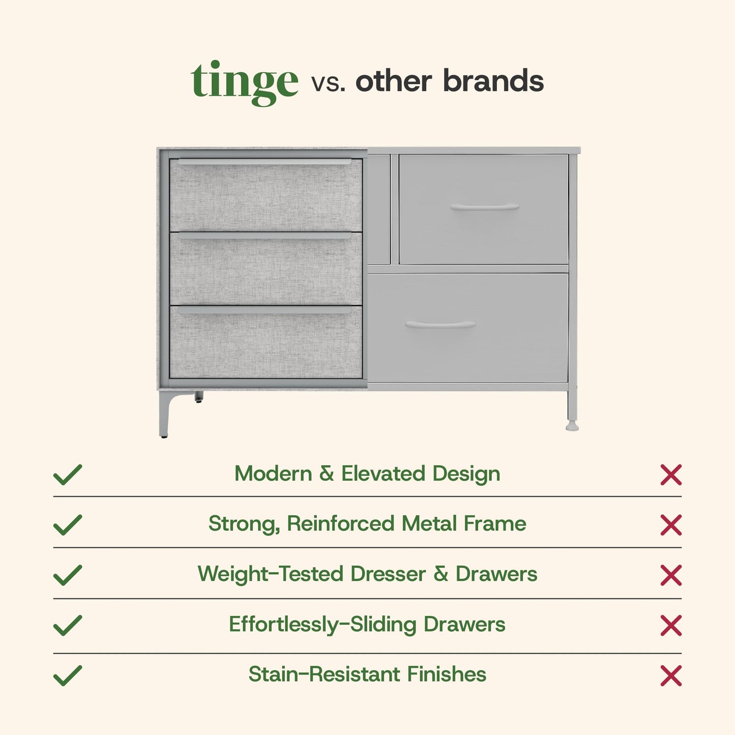 tinge Naima Premium 6 Drawer Fabric Dresser - Heavy Duty Metal Frame with Sag-Proof Storage Drawers for Clothes - Durable Silver Bedroom Chest & Sleek Metal Handles