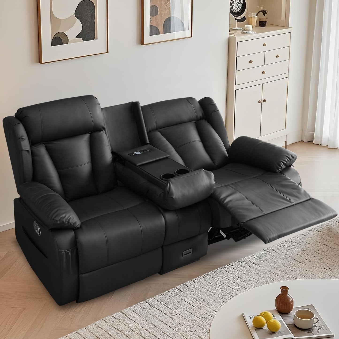 AHMED Reclining Loveseat with Console, Manual Double Recliner Sofa with USB Ports, Cup Holders and Side Pockets, Faux Leather Home Theater Seating Couch for Living Room, Black