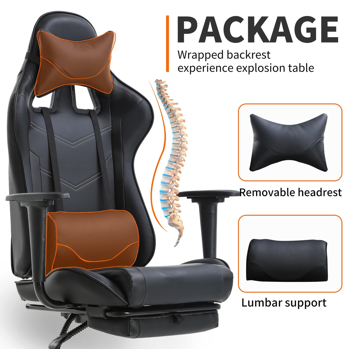 BestOffice | Ergonomic Gaming Chair | Black | Reclining Computer Chair with Lumbar Support, Headrest Pillow, Adjustable Footrests | 360 Swivel with Heavy Duty Wheels | for Home & Office
