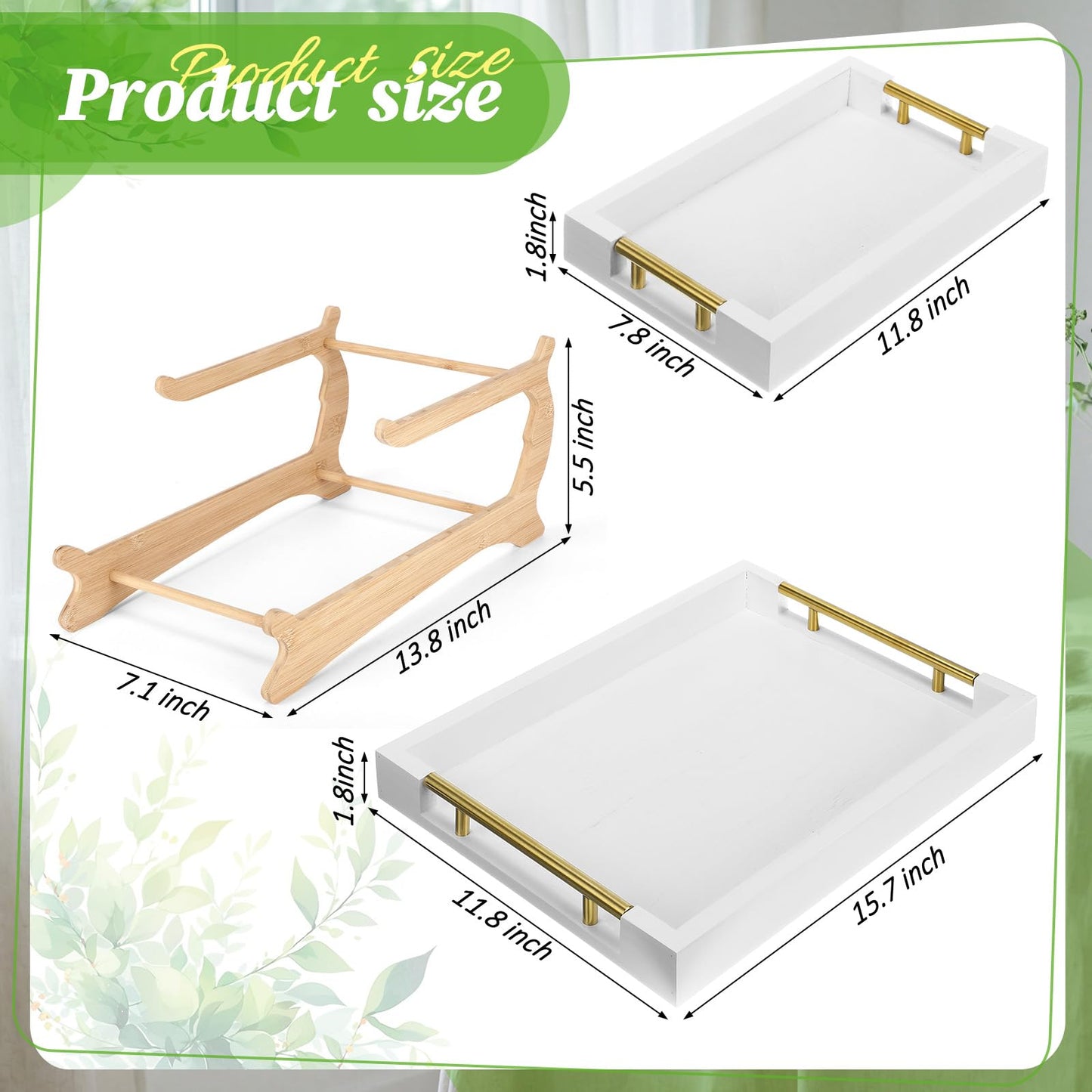 Leinuosen 2 Tier Serving Trays for Party Coffee Table Tray 12"x16" & 8"x12" Large Wooden Ottoman Tray with Gold Handles and Bamboo Stand for Storage Display(White)
