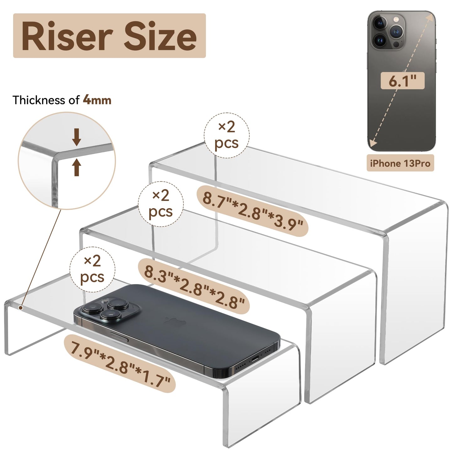 ANDGOO Display Risers, 6 Pcs(7.9”L~8.3”L~8.7”L) Rectangular Clear Acrylic Showcase Collectibles Display Stands Suitable for Retail Shoe Showcase Jewelry Funko Pop Figures