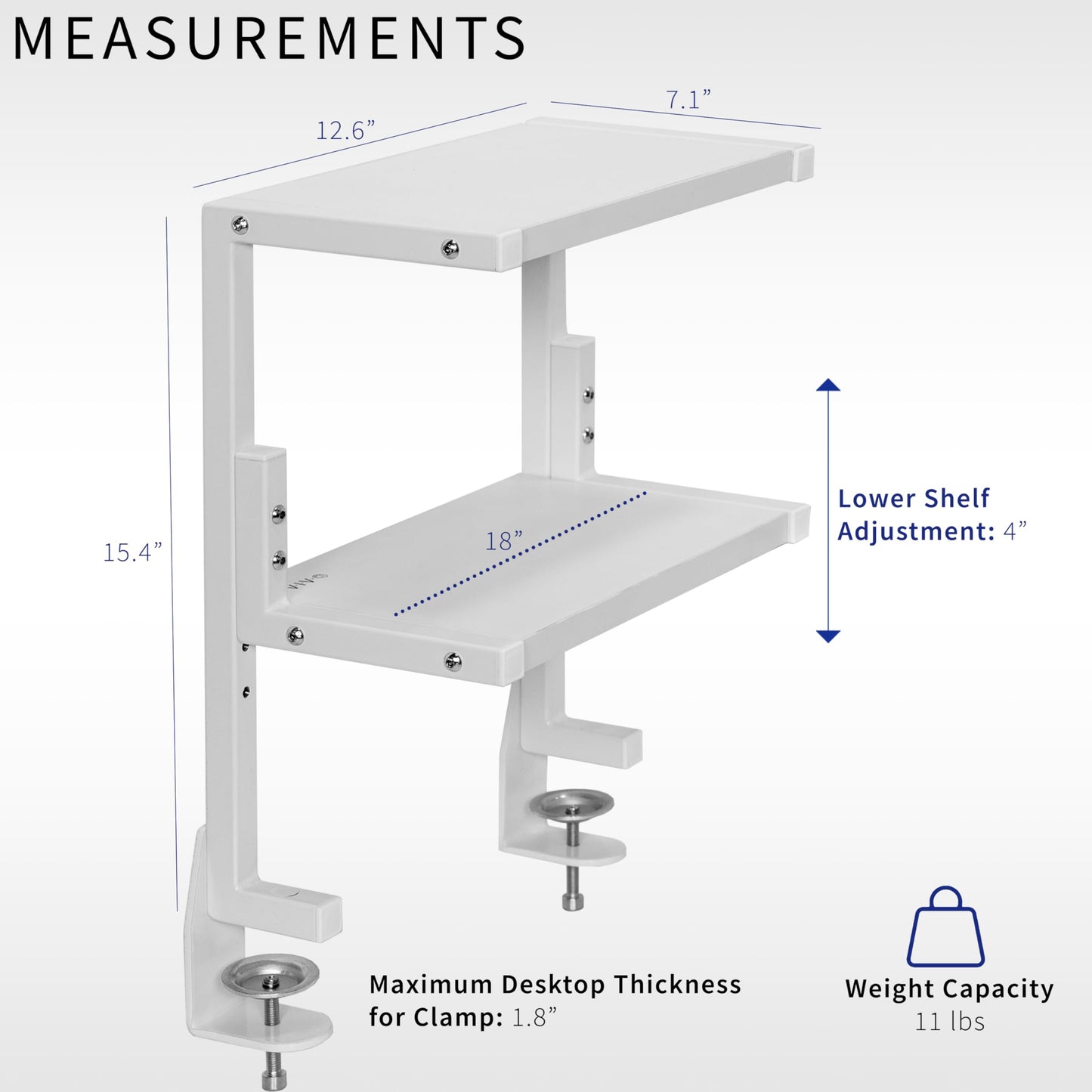 VIVO Clamp-on 13 inch Above or Below Desk 2-Tier Shelving Unit for Table Accessories, Gaming Devices, and More, Storage Tray, Desktop Organizer, White, STAND-SHELF2CW