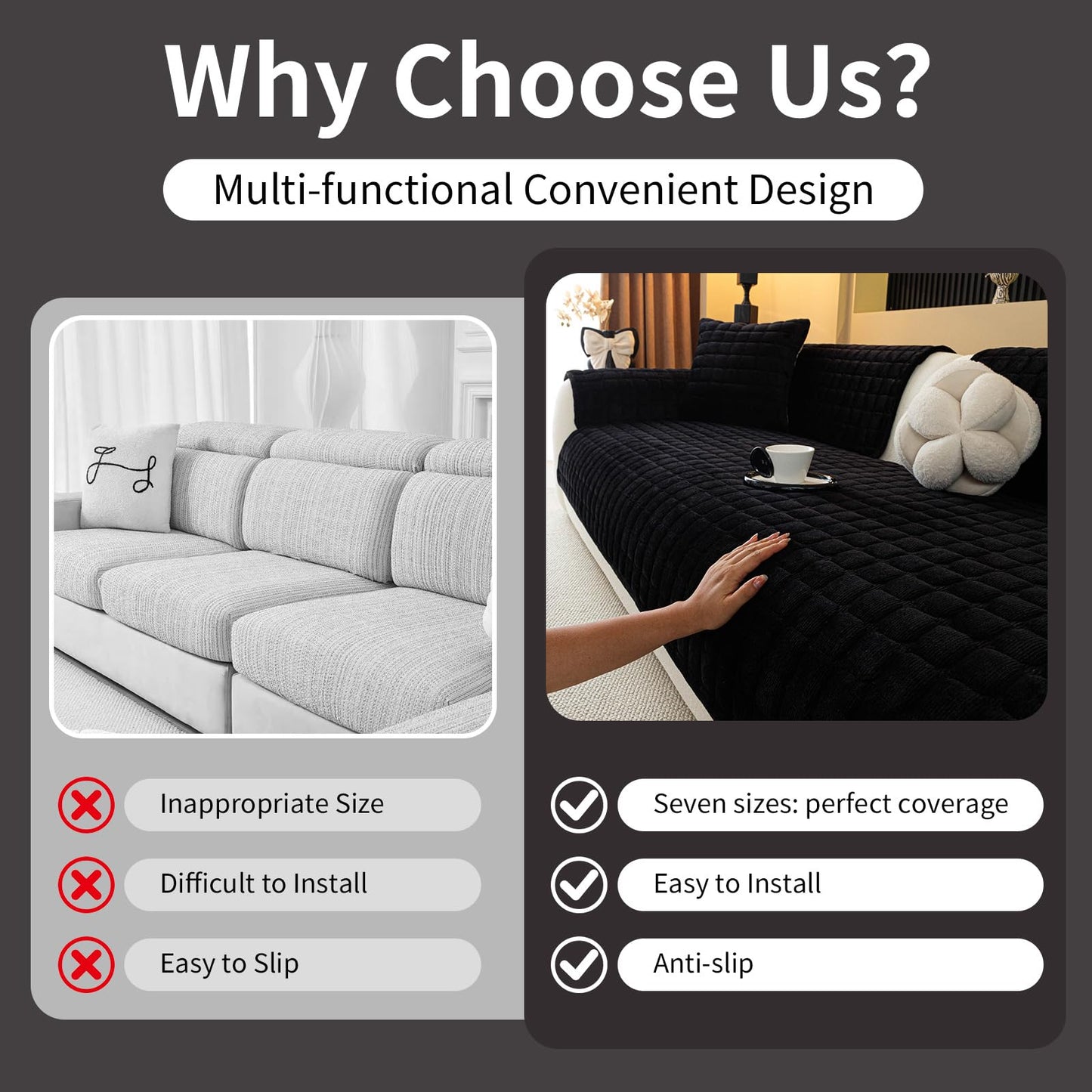 MDSASFD Velvet Couch Cover, Plush Sectional Sofa Cover Washable, Anti Slip Sofa Slipcover for Armrest & Backrest, Furniture Protector Covers for Pets & Kids(1PC, Black, 35.4"×35.4", Single Seater)