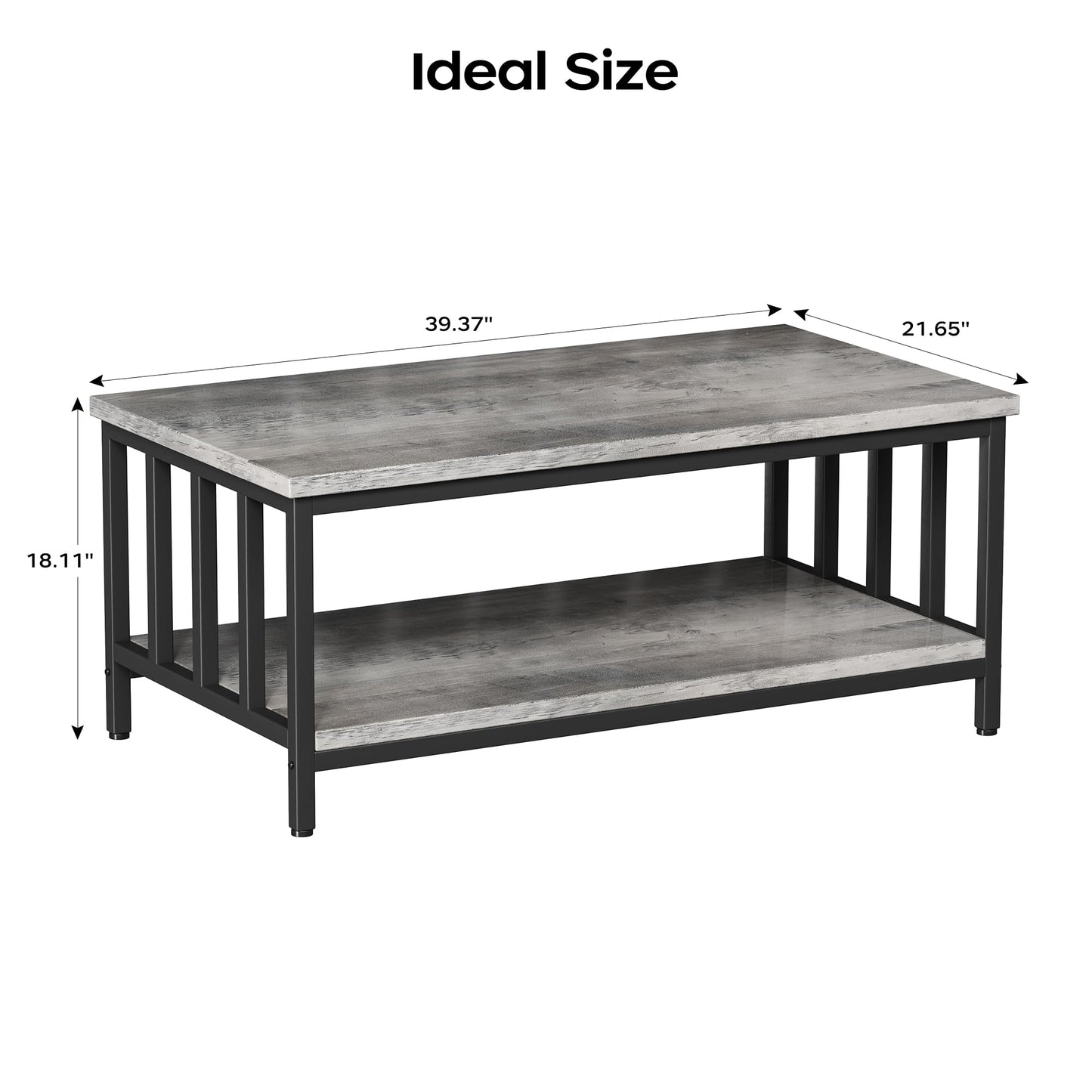 Homeiju Coffee Table for Living Room with Slatted Sides Frame, Modern Farmhouse Living Room Table with 2-Tier Storage Shelf for Home Office, Apartment, Grey Wash, 39 inch