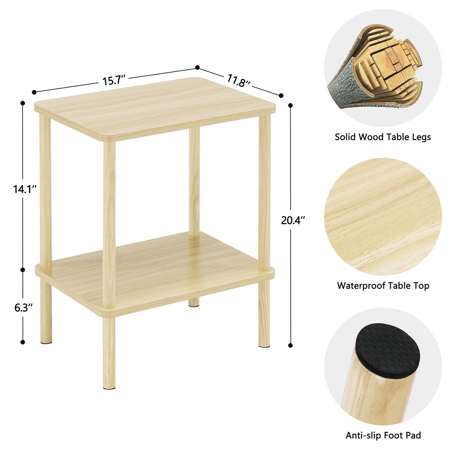 Apicizon 2 Tier End Table Set of 2, Small Side Table with Solid Wood Legs, Boho Bedside Table with Storage Shelf, Nightstand for Small Spaces, Bedroom, Living Room, Entryway, Light Natural