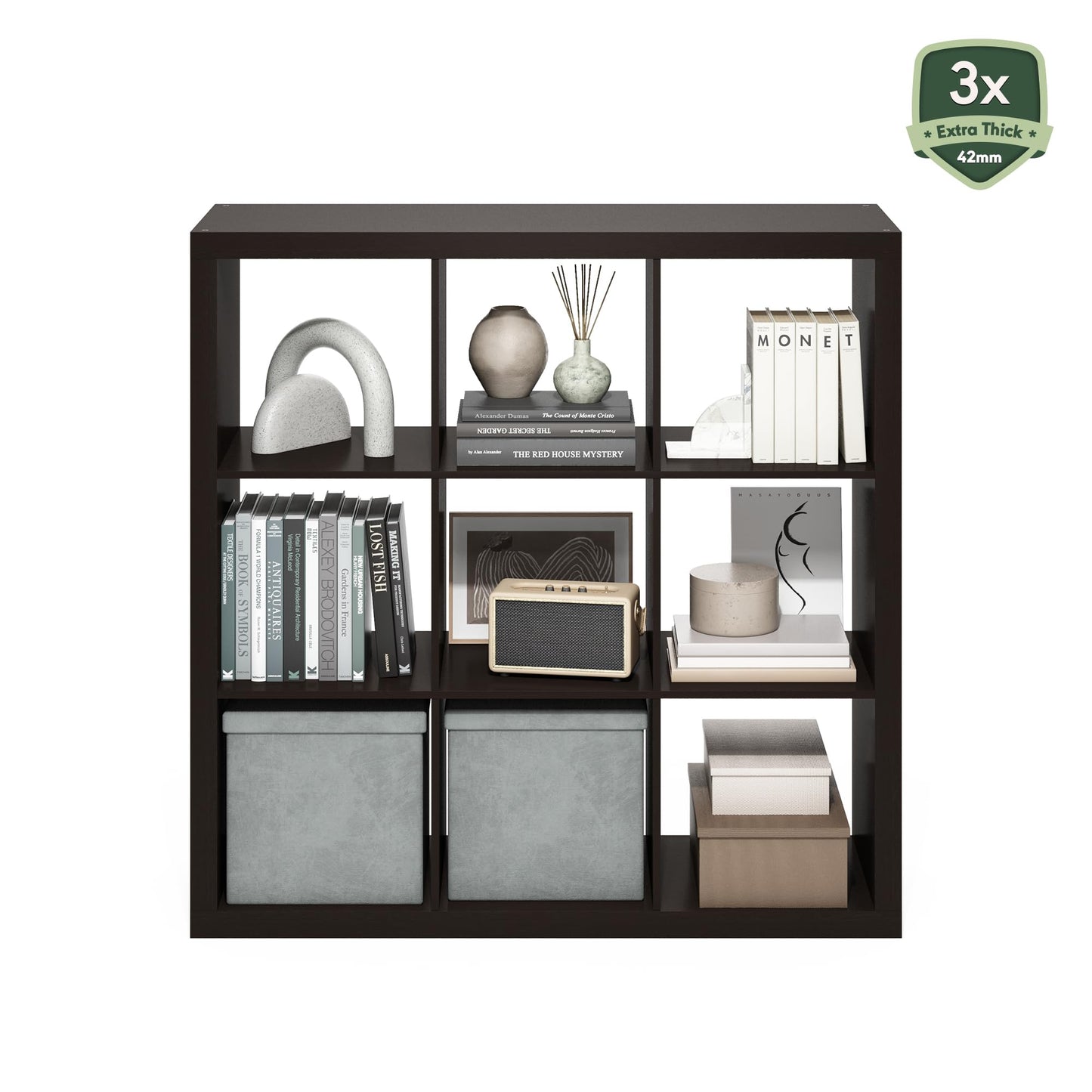Furinno Cubicle Book Shelf, 9-Cube Bookshelf, Triple Thick Frame Cube Storage Organizer, 1.65" Bookcase, 15.4" x 43.8" x 43.4", for Home Office, Living Room, Black Oak