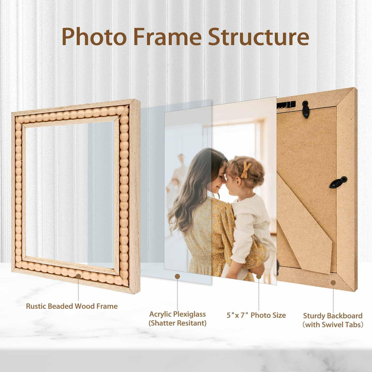 OMISHE Wood 5x7 Picture Frame with Decorative Beads for Wall Decor or Tabletop, Boho Rustic Handcrafted 5 x 7 Frame with Shatter Resitant Plexiglass, Natural
