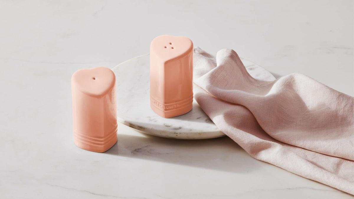 Le Creuset Stoneware Heart Shaped Salt & Pepper Shakers, 4 oz. Each, Cerise