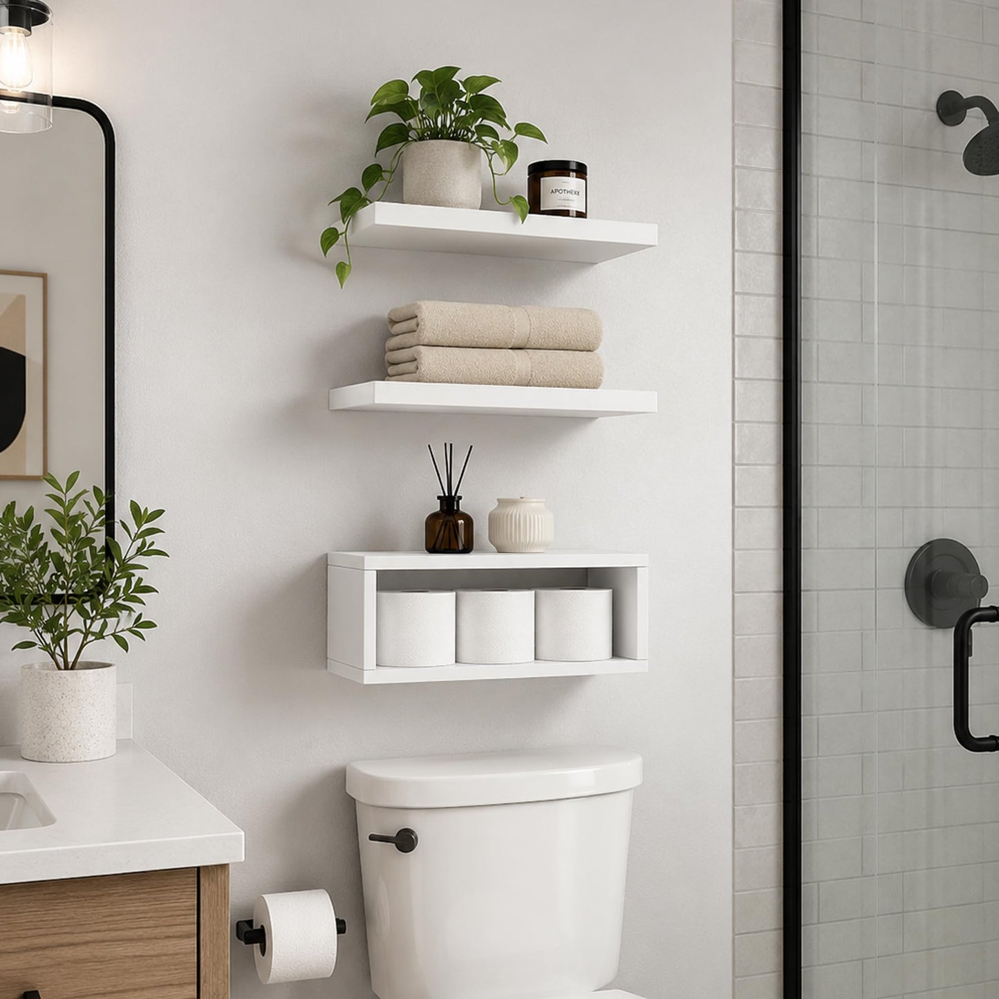 RANK Bathroom Shelves Over Toilet - Wall Mounted Floating Shelves Toilet Paper Storage Small White Decor Shelf 16 inch Set of 3