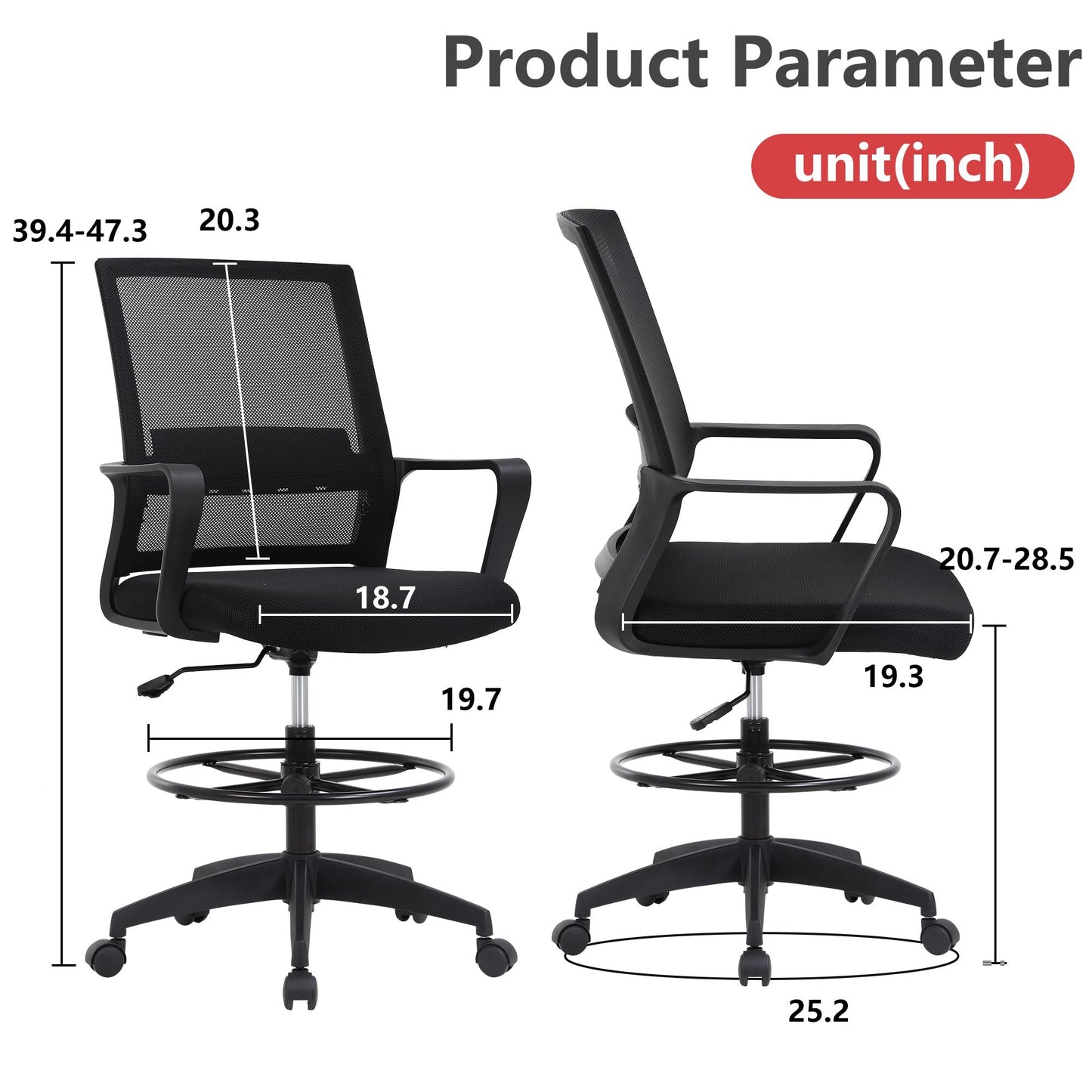 BestOffice Drafting Chair Tall Office Chair Adjustable Swivel Rolling Mesh Height with Lumbar Support Arms Footrest Mid Back for Adults Standing Desk Drafting Stool(Black)