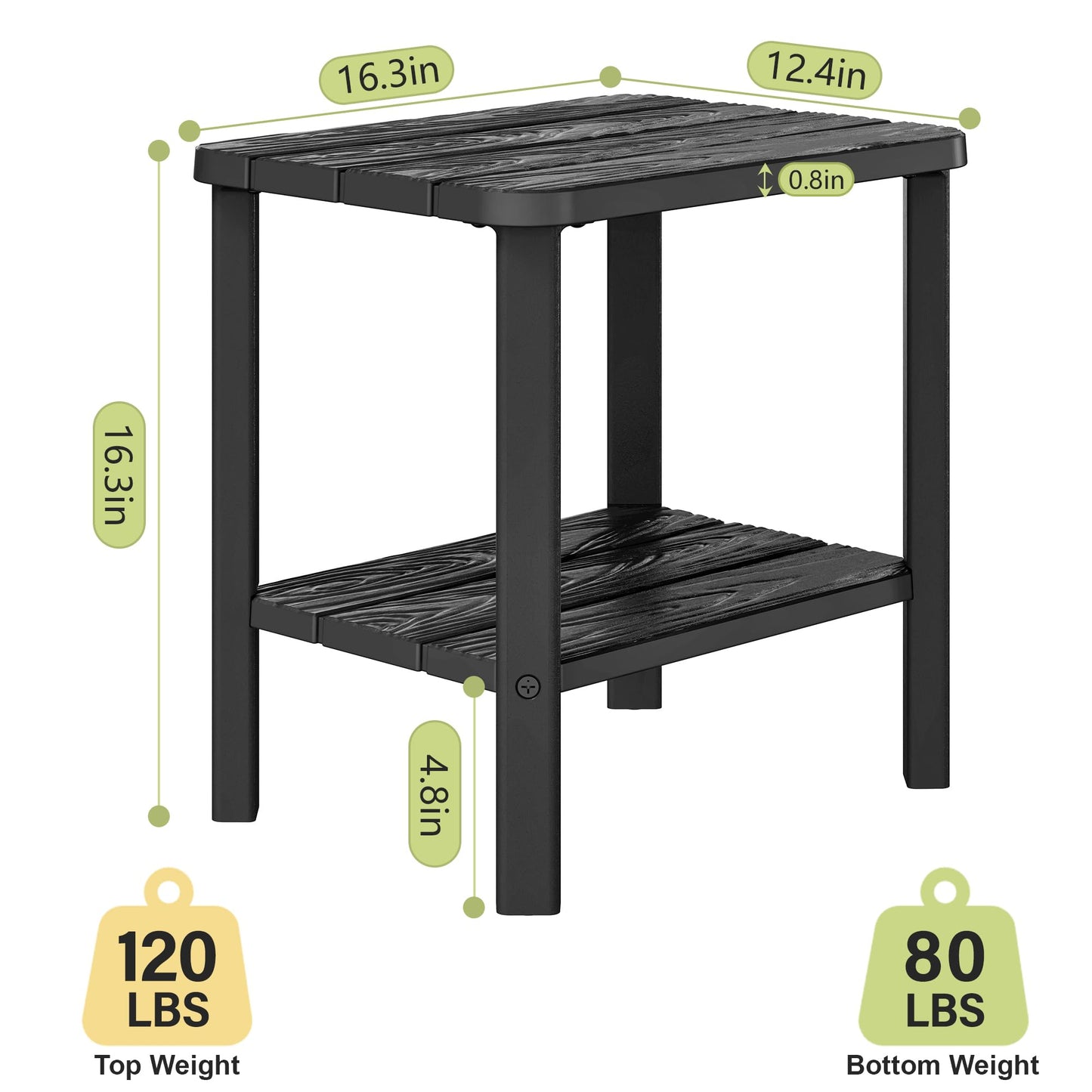 KAMABOKO Outdoor Side Table for Patio, 2-Tier Adirondack End Table 16" HDPE Waterproof Square Storage All-Weather Table for Lawn, Pullside, Beach and Indoor