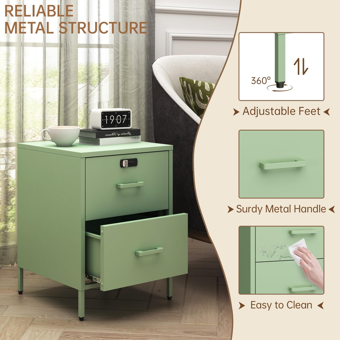 Steehoom Metal Nightstand with Lock, 2 Drawer End Side Table, Lockable Storage Cabinet Kids Cabinet for Living Room, Bedroom, Dorm, 21.26”H X 15.75”W X 15.75”D (2 Drawer, Green)