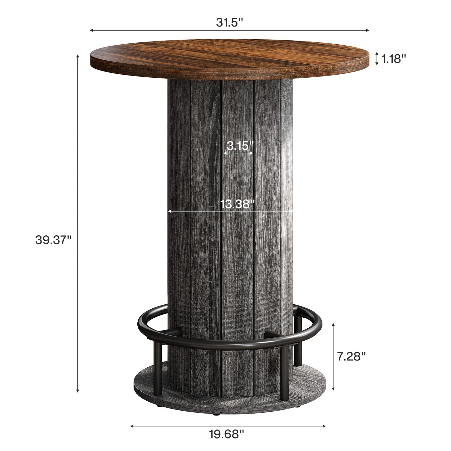 Tribesigns Round Bar Table, 39.4" H Wood Bistro Pub Table with Metal Ring Footrest for Dining Coffee Cocktail Living Room, Small Space, Brown & Gray (Only Table)