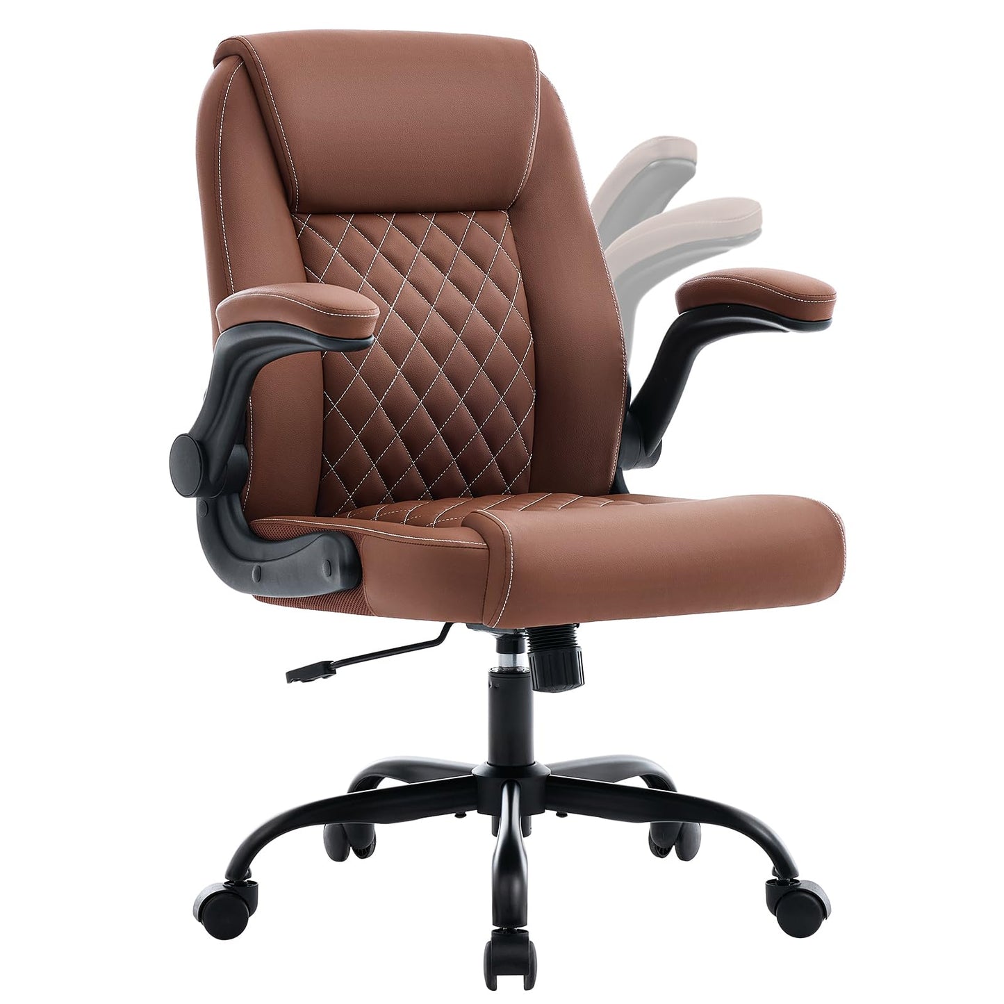 Leather Office Chair, 300lbs Heavy Duty Mid-Back Desk Chairs with Flip-up Armrests, Space-Saving Swivel Task Chair with Wheels, Adjustable Height and Ergonomic Back Support, Brown