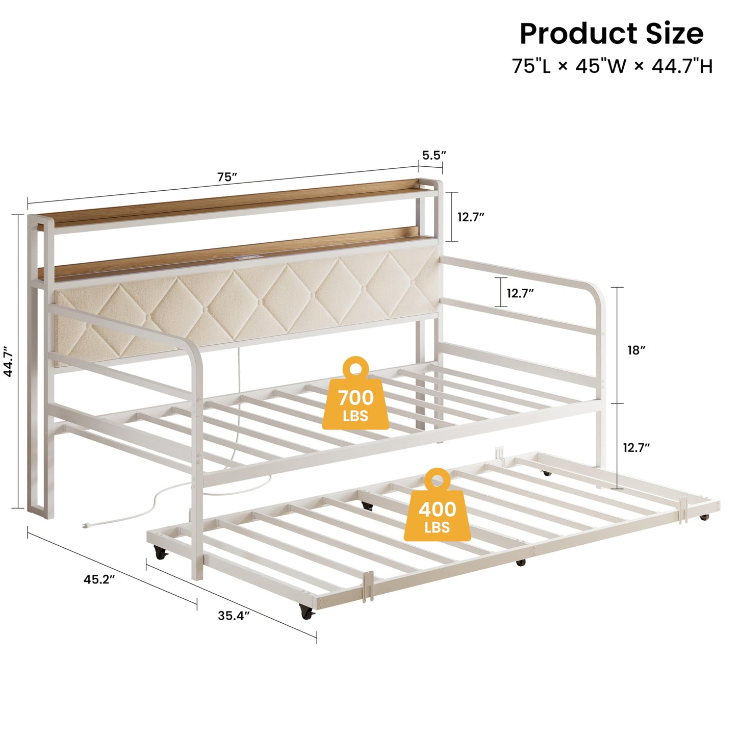 LIKIMIO Twin Daybed with Trundle, 700lbs Capacity, LED Lights & Charging Station, Twin Bed Frame with Storage, Convertible Sofa Bed for Bedroom, Living Room, White