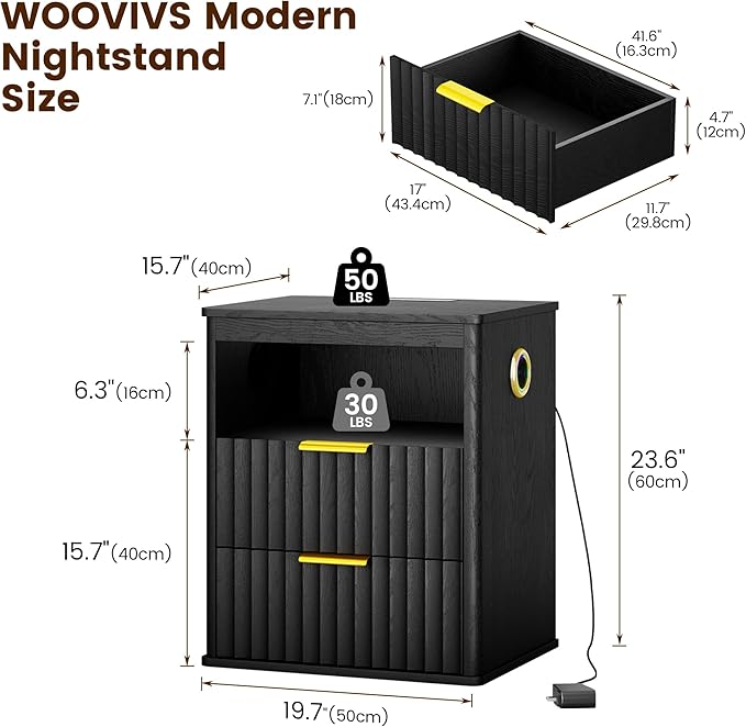 WOOVIVS Modern NightStand with Smart Human Sensor Lights, Bedside Table
