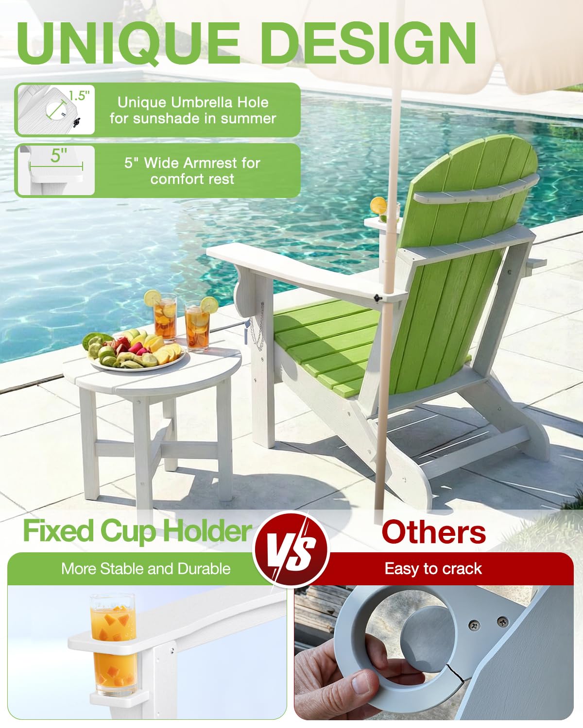 Folding Adirondack Chair –Recyclable HDPE Outdoor Adirondack Patio Chair with Cup Holder, Wood Texture & Umbrella Hole, 25-Year Fade-Free All Weather for Fire Pit, Porch, Poolside, Deck, Lime & White