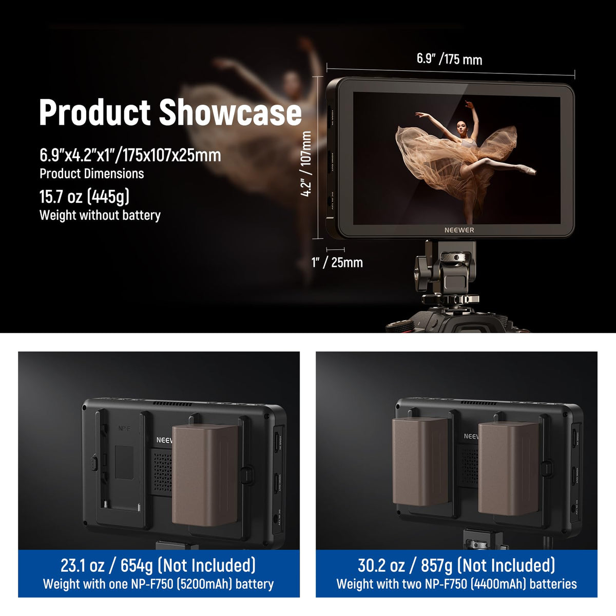 NEEWER F700 7" Camera Field Monitor, 2000nit HD 1920x1080 IPS Touch Screen with 3D LUT, 4K HDMI Loop in/Out with Peak Focus DSLR Video Assist HDR Waveform, Cold Shoe Mount, Battery Not Included