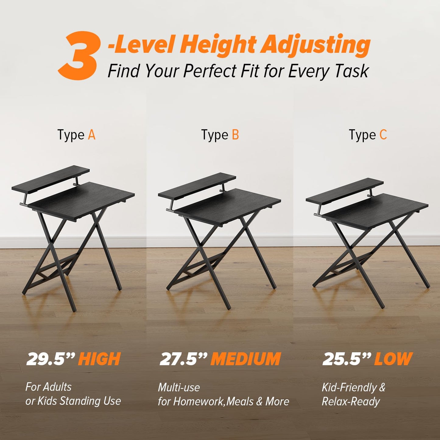 WOHOMO Folding Computer Desk with Adjustable Height, 23.6" x 31.5" x 25.6" Foldable Table with Monitor Stand, Small Office Desk for Bedroom, Space Saving Desk for Home Office, Easy Assemble, Black
