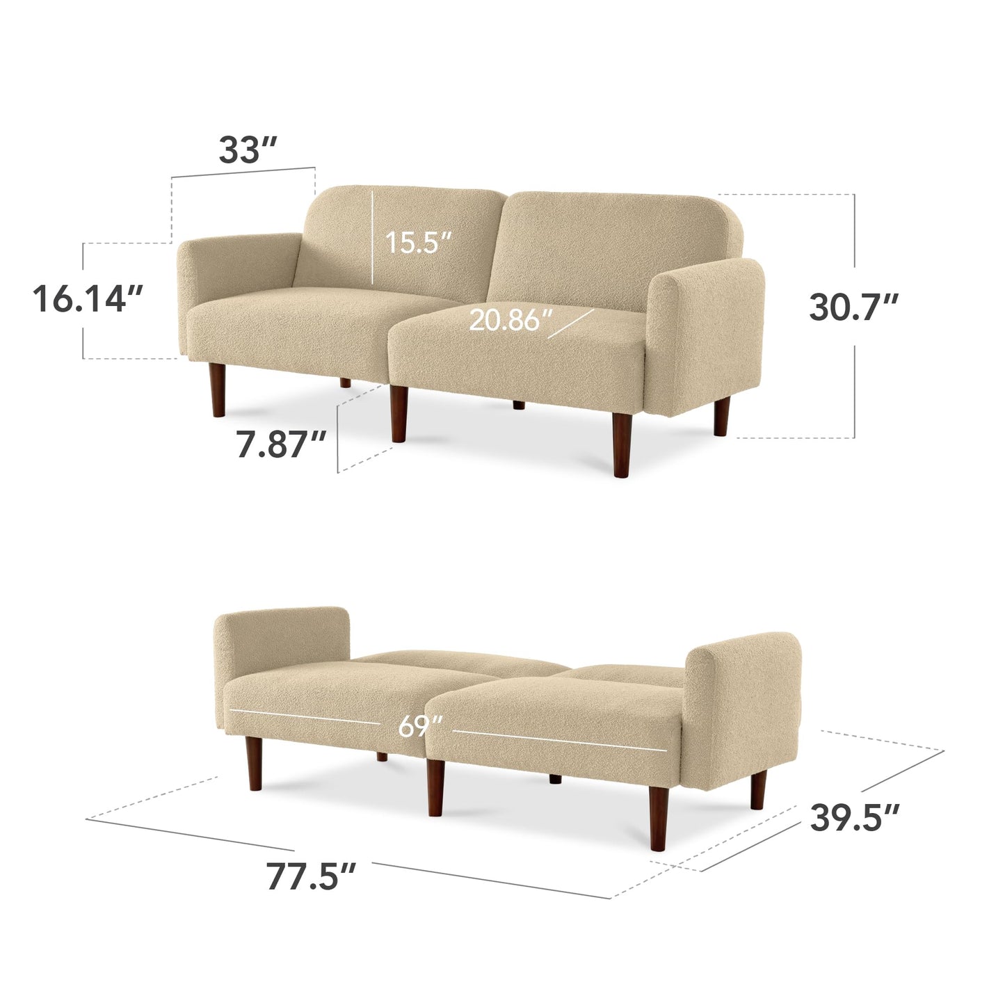 Best Choice Products 77" Mid Century Modern Boucle Loveseat Sofa, Couch, Convertible Sofa Sleeper Bed w/Real Wood, Removable Armrest - Oatmeal