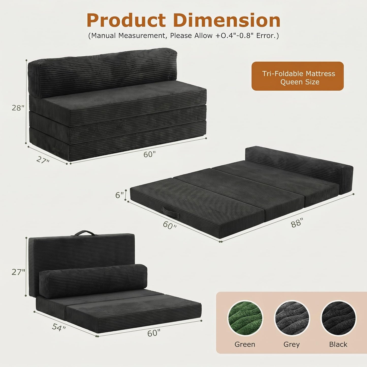 JUIKURY 5 in 1 Foldable Floor Sofa Bed, Tri-Fold Memory Foam Futon Mattress, Convertible Sleeper Couch Guest Bed, Portable Fold Out Sofa Couch for Living Room Apartment Office Guest Room