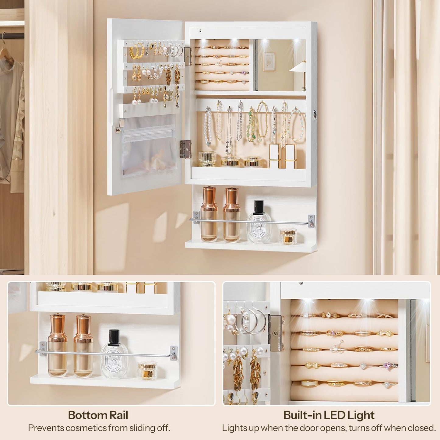 HOOBRO Wall Mounted Jewelry Cabinet, LED Jewelry Armoire with Interior Mirror, Hanging Jewelry Organizer for Wall, Lockable Jewelry Storage Cabinet, 3.9 x 11.8 x 20.9 Inches, White