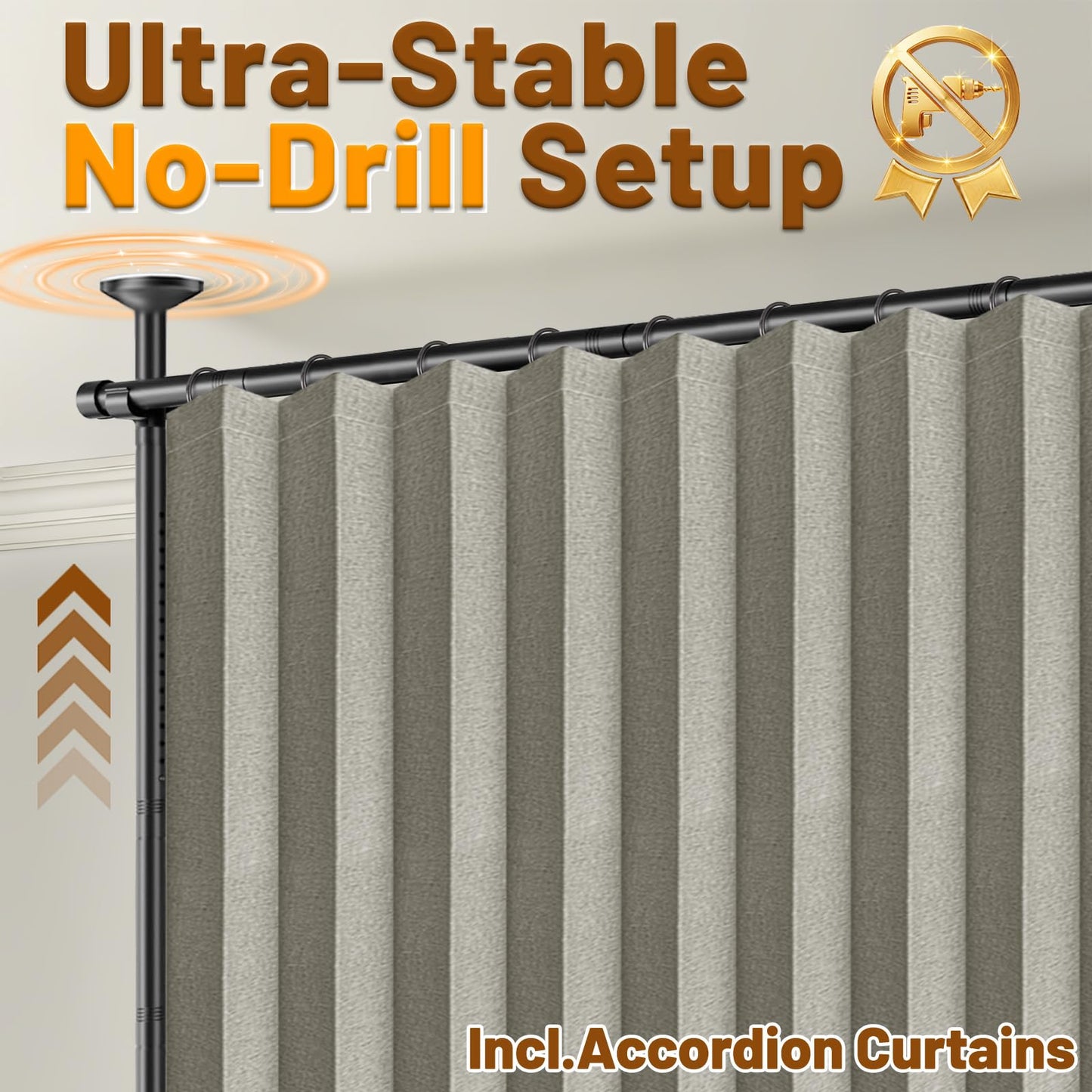 AJAZZ Privacy Curtains for Room Divider with Blackout & Soundproof (2 Panels, Grey, W100 x L96 in)+ No Drill Curtain Rods(H) 43-120×(W) 35-200 in, Wall Divider for Bedroom/Studio/Office Curtain