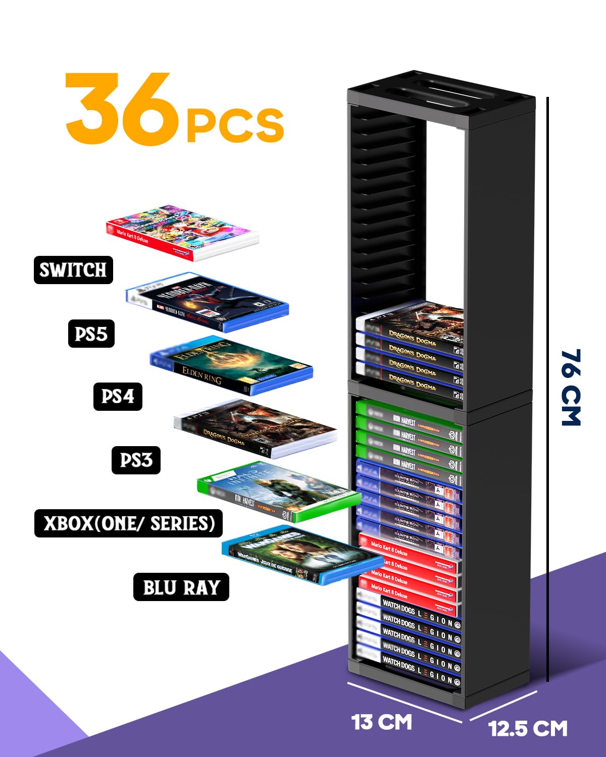 Nargos Video Game Storage Stand Tower for PS5/PS4/PS3/Xbox Series S & X/Xbox One, Universal Game Disc Holder Vertical Blu Ray Case Organizer, Black