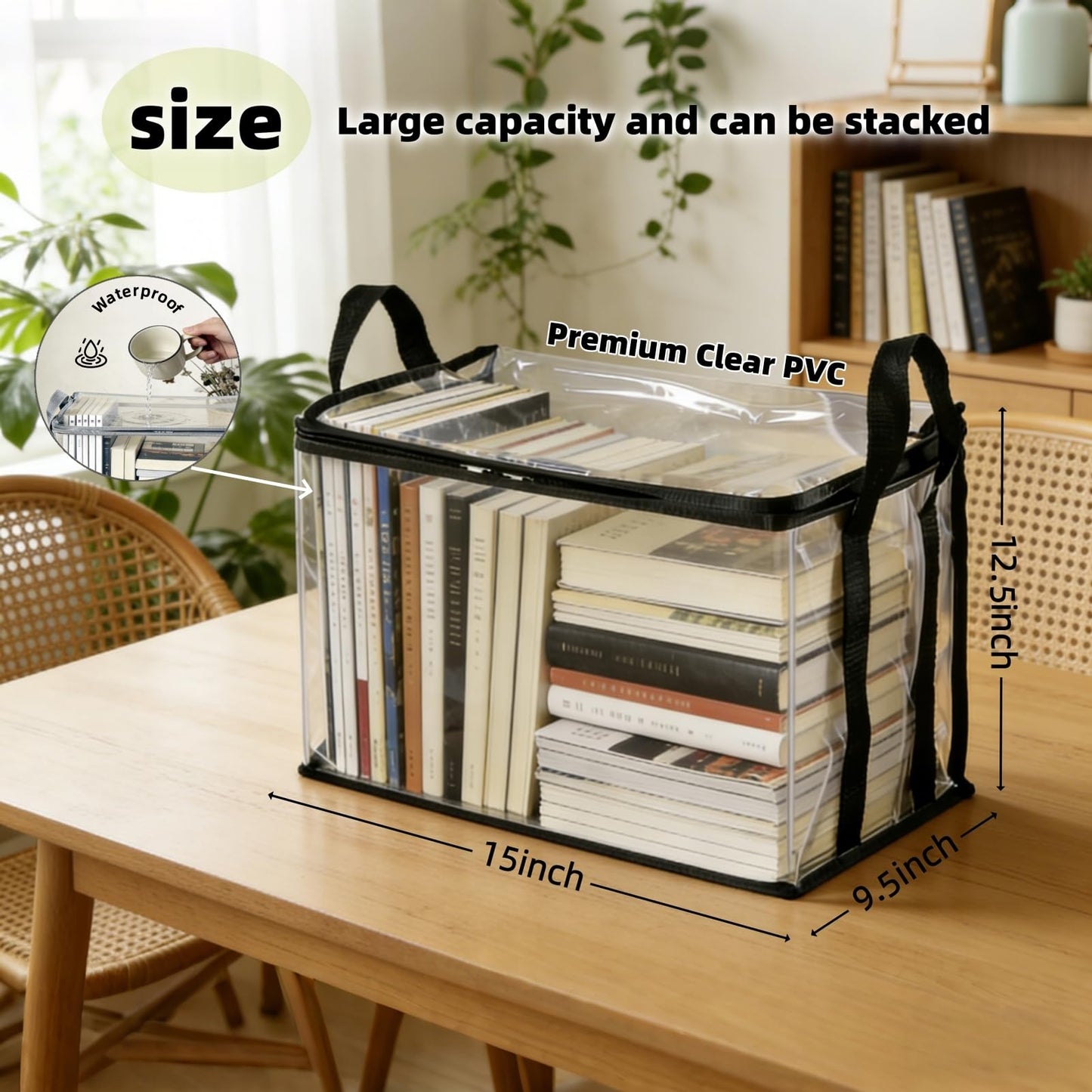 2-Pack Large Clear Book Storage Bags - Waterproof Plastic Comic Book Bin with Carrying Handles - Portable Book Display Case & Closet Organizer for Used Books, DVDs and Magazines - 15" x 9.5" x 12.5"