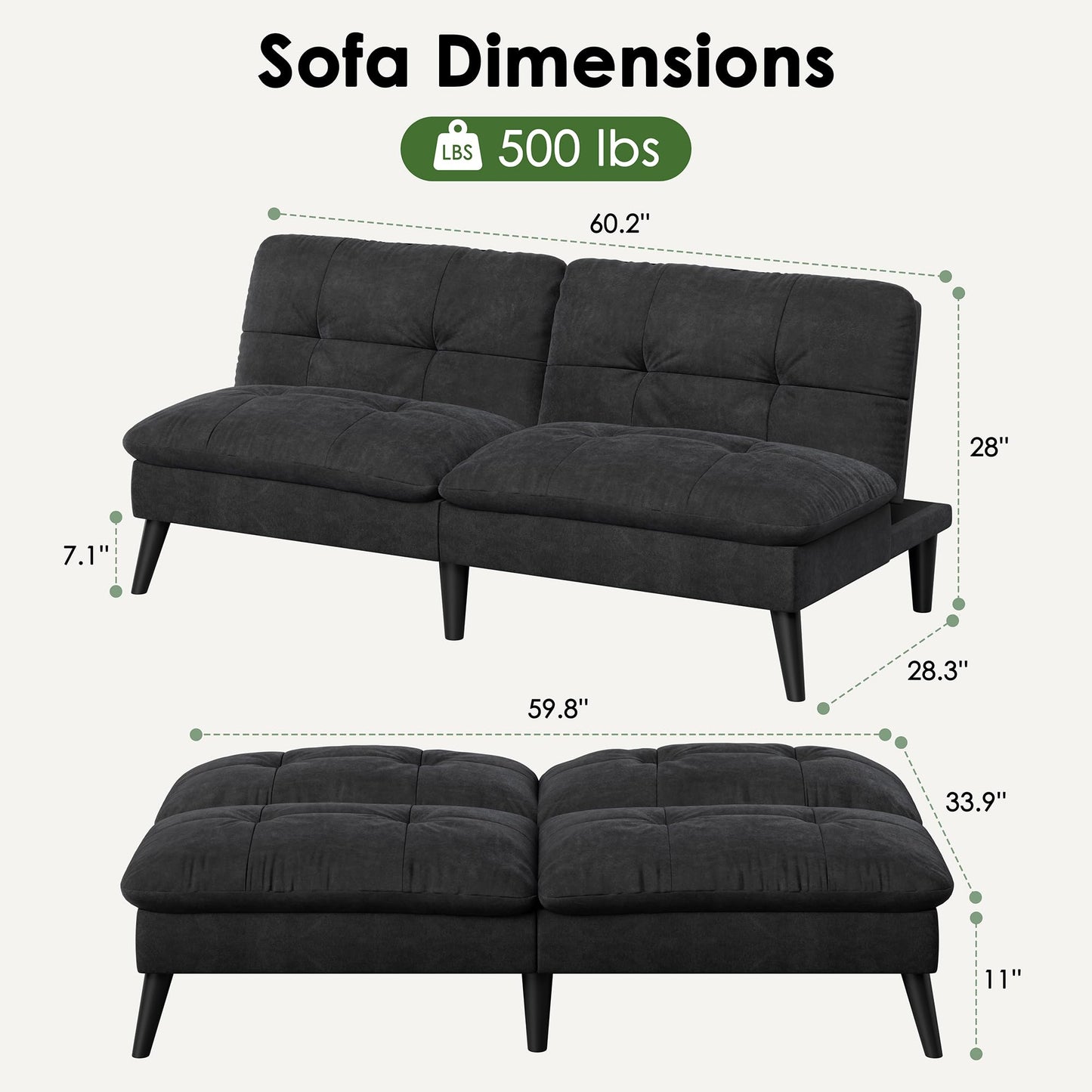 Vongrasig Futon Sofa Bed Velvet Futon Couch with Adjustable Backrest, Small Convertible Folding Sleeper Sofa Bed, Modern Loveseat for Living Room, Bedroom and Small Space, (Black)