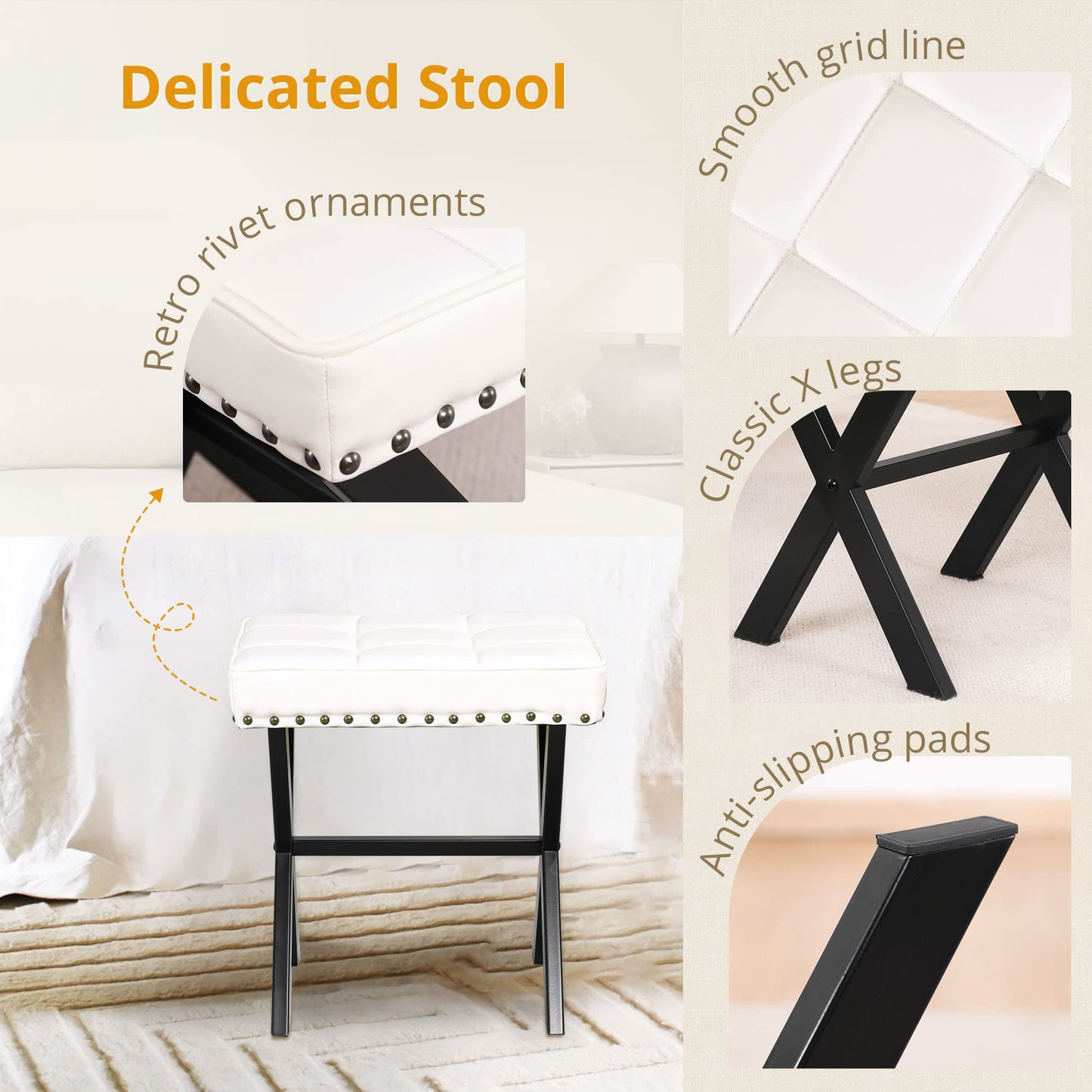 LUE BONA White Vanity Stool - Square Faux Leather Makeup Seat With Metal X Legs, Small Ottoman Chair for Makeup Room, Living Room, Bathroom - Padded Foot Rest