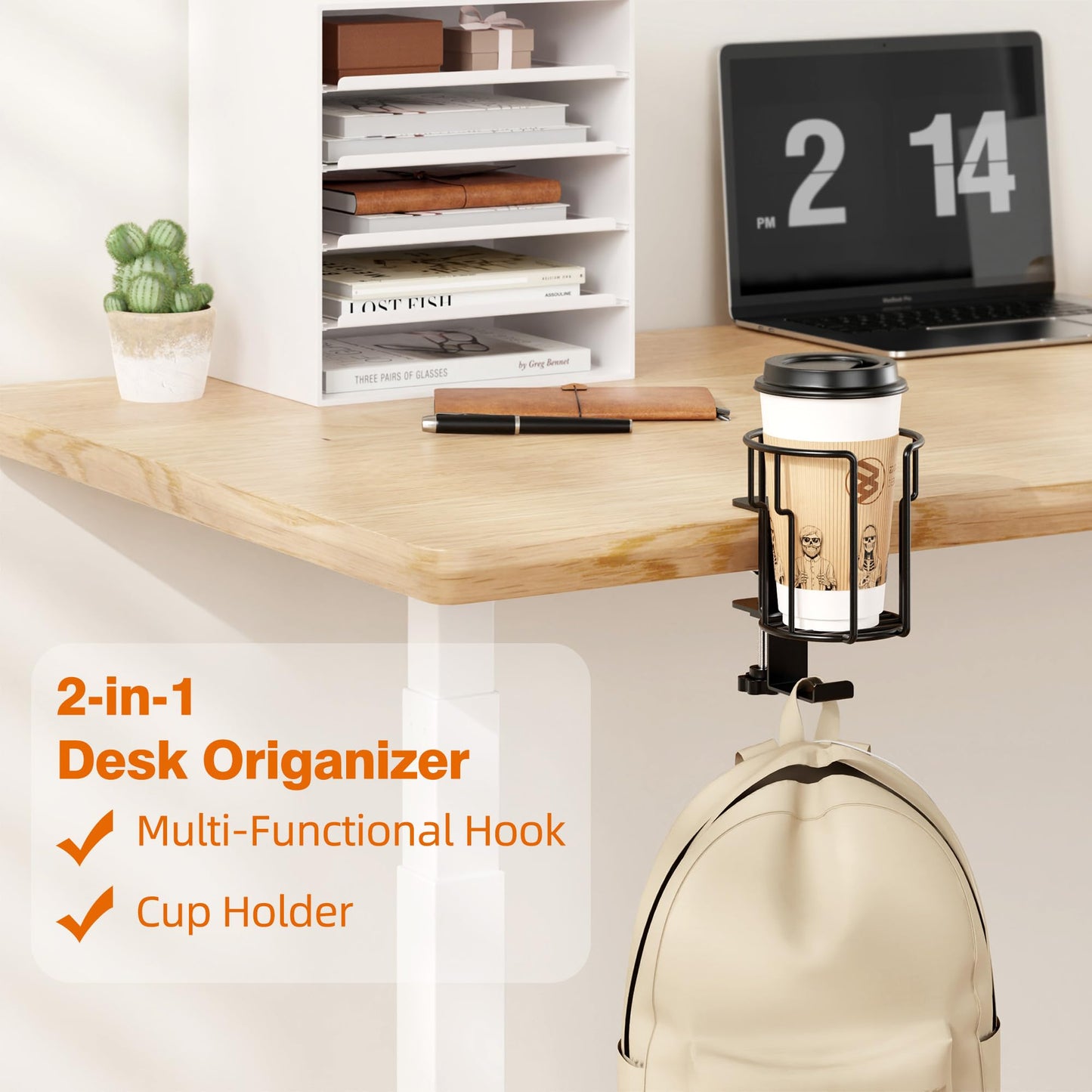Large Desk Cup Holder, 2-in-1 Clip On Cup Holder with Headphone Hook, Heavy-Duty Metal Drink Holder for Insulated Tumblers, Big Water Bottles, Fits Office Desk Organizer, Dorm, Gaming Setup (2 Pack)